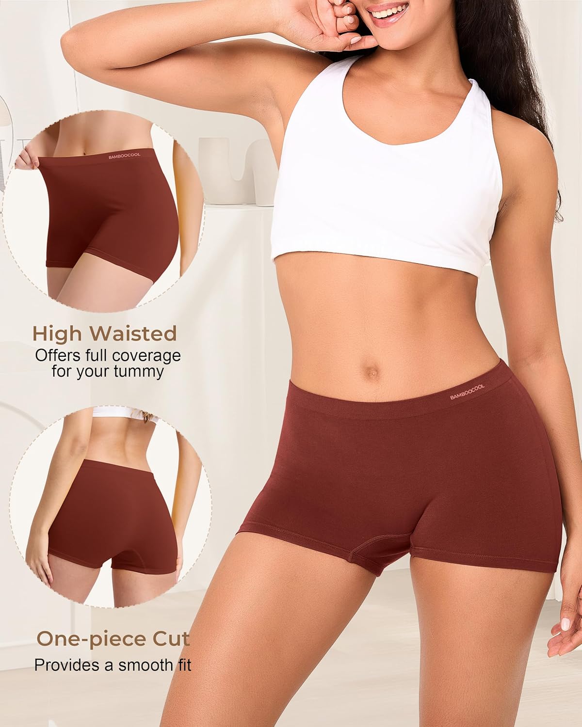 BAMBOO COOL Seamless Boyshort Underwear for Women Mid Waist Stretchy Panties Moisture Wicking Boxer Briefs 5 Pack - Image 3