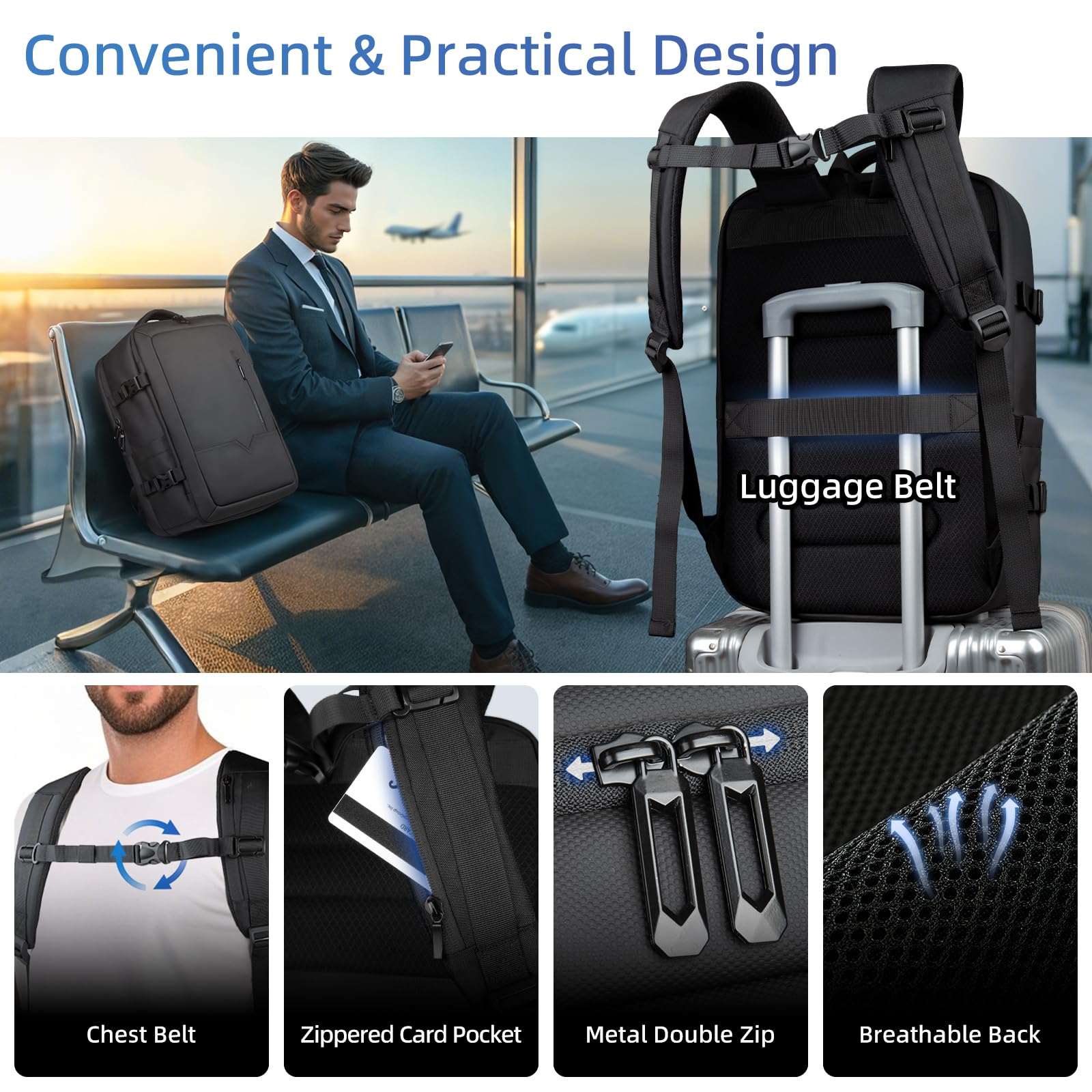 hk Sac à Dos Voyage Cabine Avion 45X36X20 Bagage Cabine Grande étanche Sac à dos pour Ordinateur Portable 17,3 Pouces Homme Femme 30L Travail Affaires Université Noir