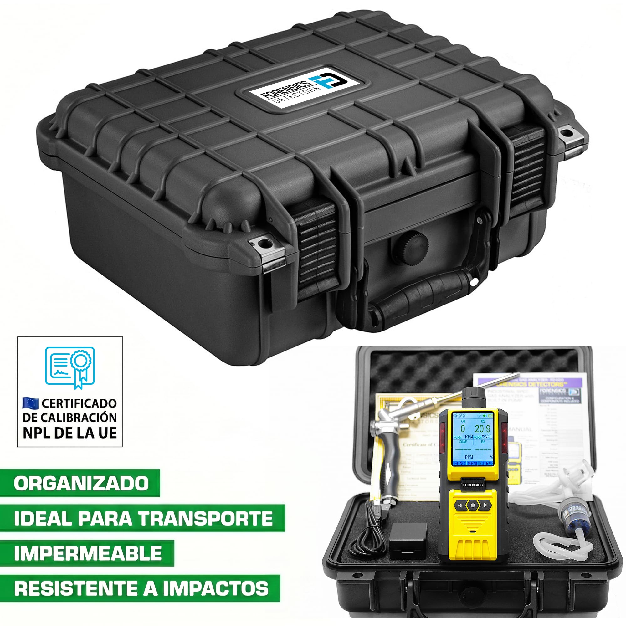 Analizador Profesional de Gases de Combustión | Certificado de Calibración EU | HVAC, Combustión y Gases de Escape | CO, O2, COAF y EA | Filtros y Sonda