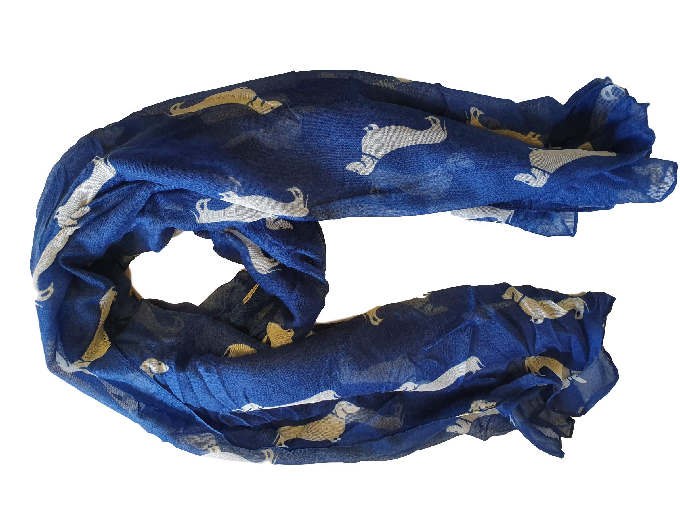 Fat-Catz-Copy-Catz Women's Dark Blue Sausage Scarf Dachshund Dogs Print Scarf - Large Size - All Seasons Scarf - Small Sausage Dog - Soft Shawl, Wrap, Sarong (Dark Blue Sausage Scarf)