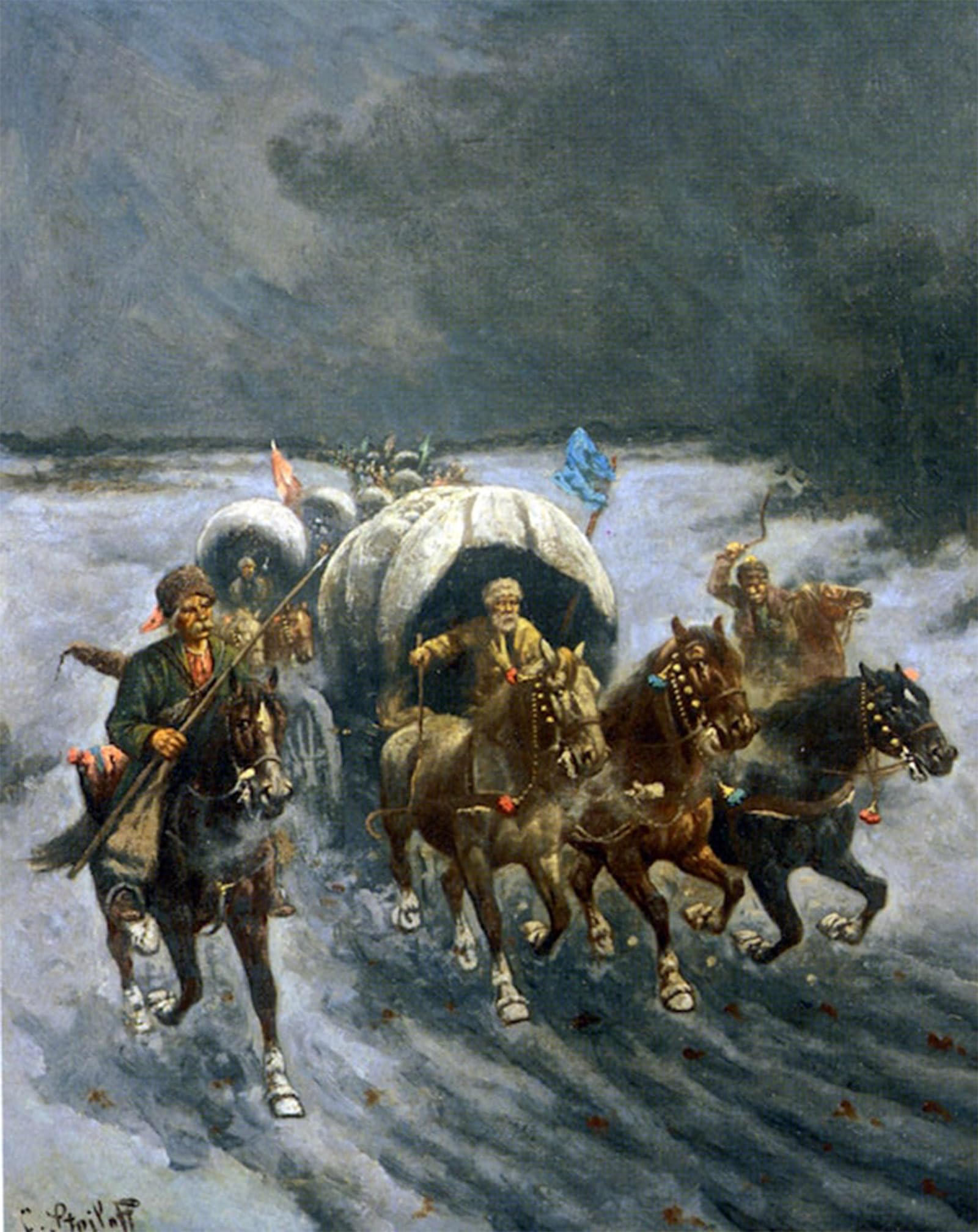 POSTERIIk Vintage Classic Picture Landscape Artwork Russian Caravans in the Snow by Constantin Stoiloff Portrait Canvas Painting for Office Home Decor 60x90cm