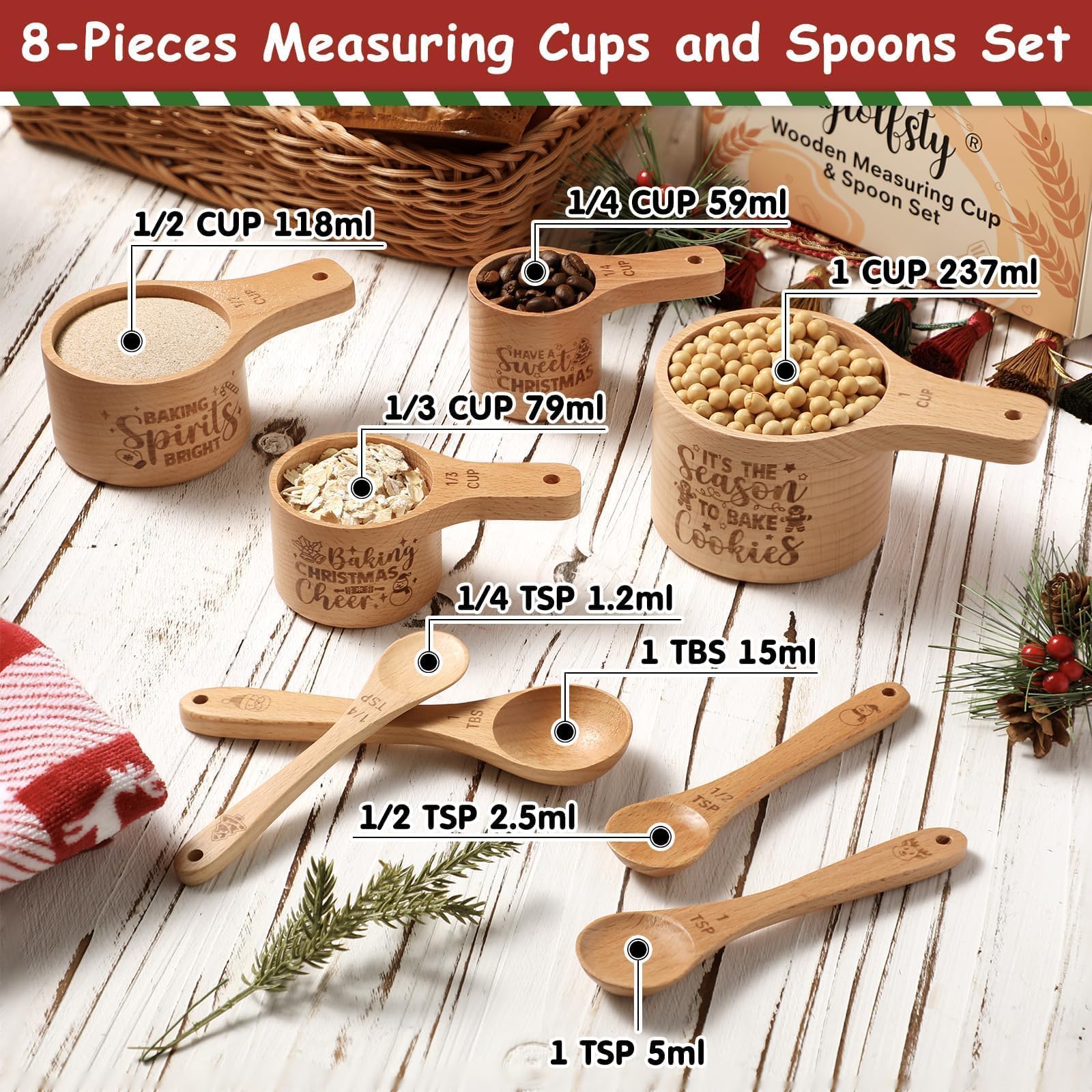 Christmas Wooden Measuring Cup and Spoon Set with Festive Designs Stackable Measure Cups and Spoons with Comfortable Grips Essential Kitchen Gadgets for Cooking and Baking Gift for Christmas