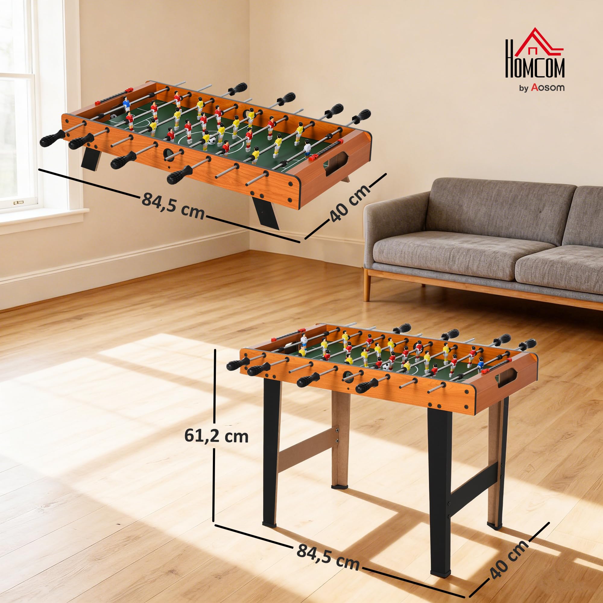 HOMCOM Mini Tischkicker mit 2 Beinsätzen, tragbarer Kickertisch mit 22 Spielern 2 Kickerbälle Holz-Optik Tischfussball für Jugendliche Erwachsene, für Spielzimmer, 84,5 x 40 x 61,2 cm, Naturholz