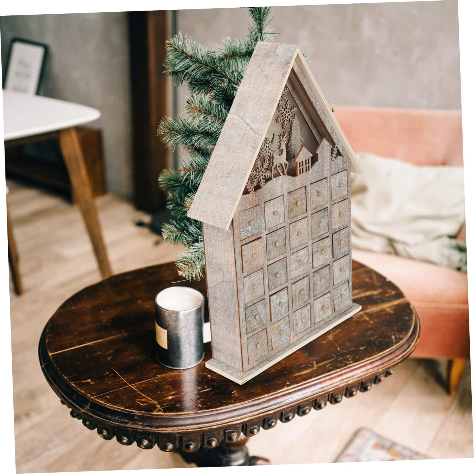 Holz Adventskalender für Junge Mädchen mit Beleuchteter Schublade Weihnachtstischdekoration aus Holz Langlebig und Stabil für Wohnzimmer und Esstisch