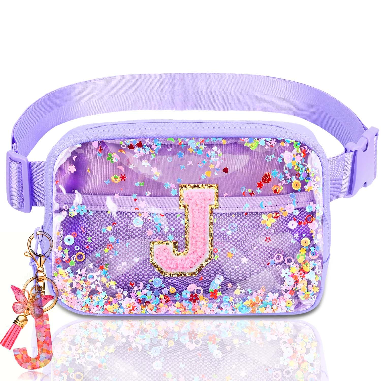 Initial Fanny Pack for Girls - Belt Bag for Teens Kid Teen Girl Kid Birthday Gift Clear Purple J