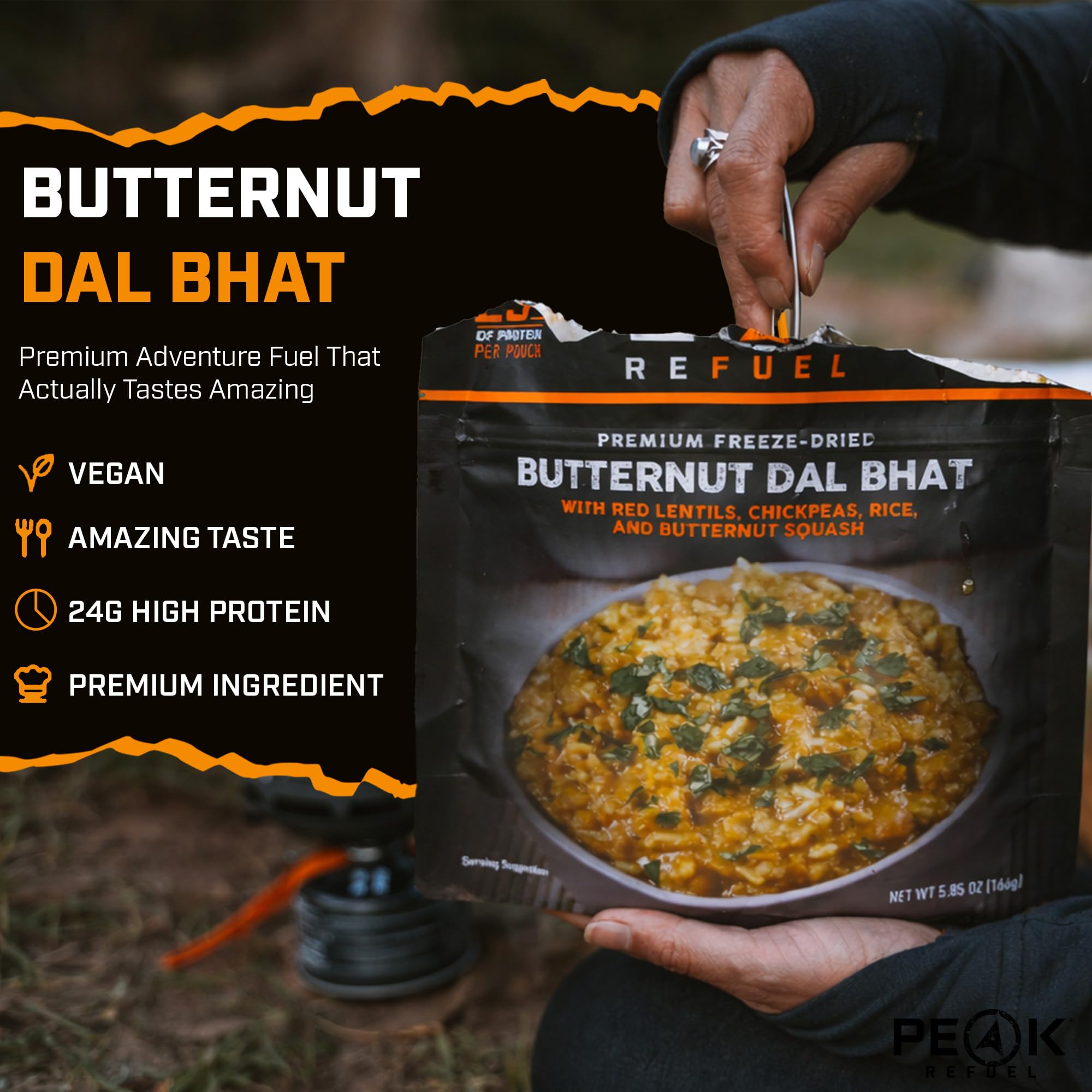 Peak Refuel Butternut Dal Bhat | Alimenti da campeggio liofilizzati | Gusto e qualità incredibili | Alto contenuto proteico | Carne vera | Preparazione rapida (2 sacchetti da portata)