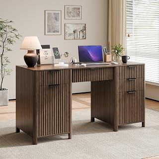 58" Fluted Home Office Desks with Storage, Power Outlet, Walnut | Modern Executive Computer Desks with 5 Drawers Cabinet, File Drawer, Wood Work Desk for Office, Bedroom, Study, Living Room