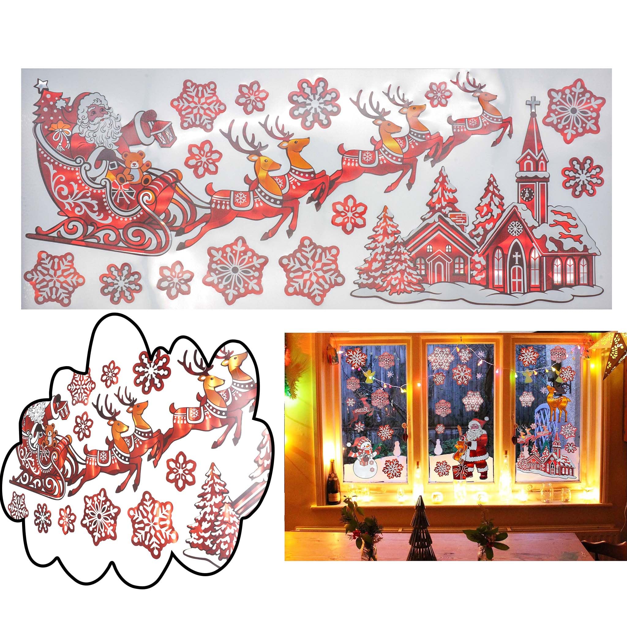 15Pcs Christmas Red Holographic Window & Wall Stickers - 2 Sheets with Village, Sleigh, Reindeer & Snowflakes, Self-Adhesive, Reusable Xmas Party & Home Decor