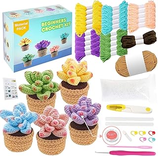 ANBOO DIY Crochet Kit for Beginners - 5 Pcs Succulents, Beginner Crochet Starter Knitting Kit for Complete Beginners Adults Kids Learn to Crochet Kits with Step-by-Step Video Tutorials and Blush