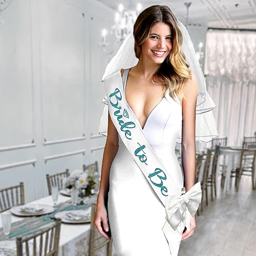 Miniatura 10 de Juego de 2 bandas para novios de novia, color turquesa brillante, banda de satén blanco y banda de satén deportiva plateada para novio a ser negro,