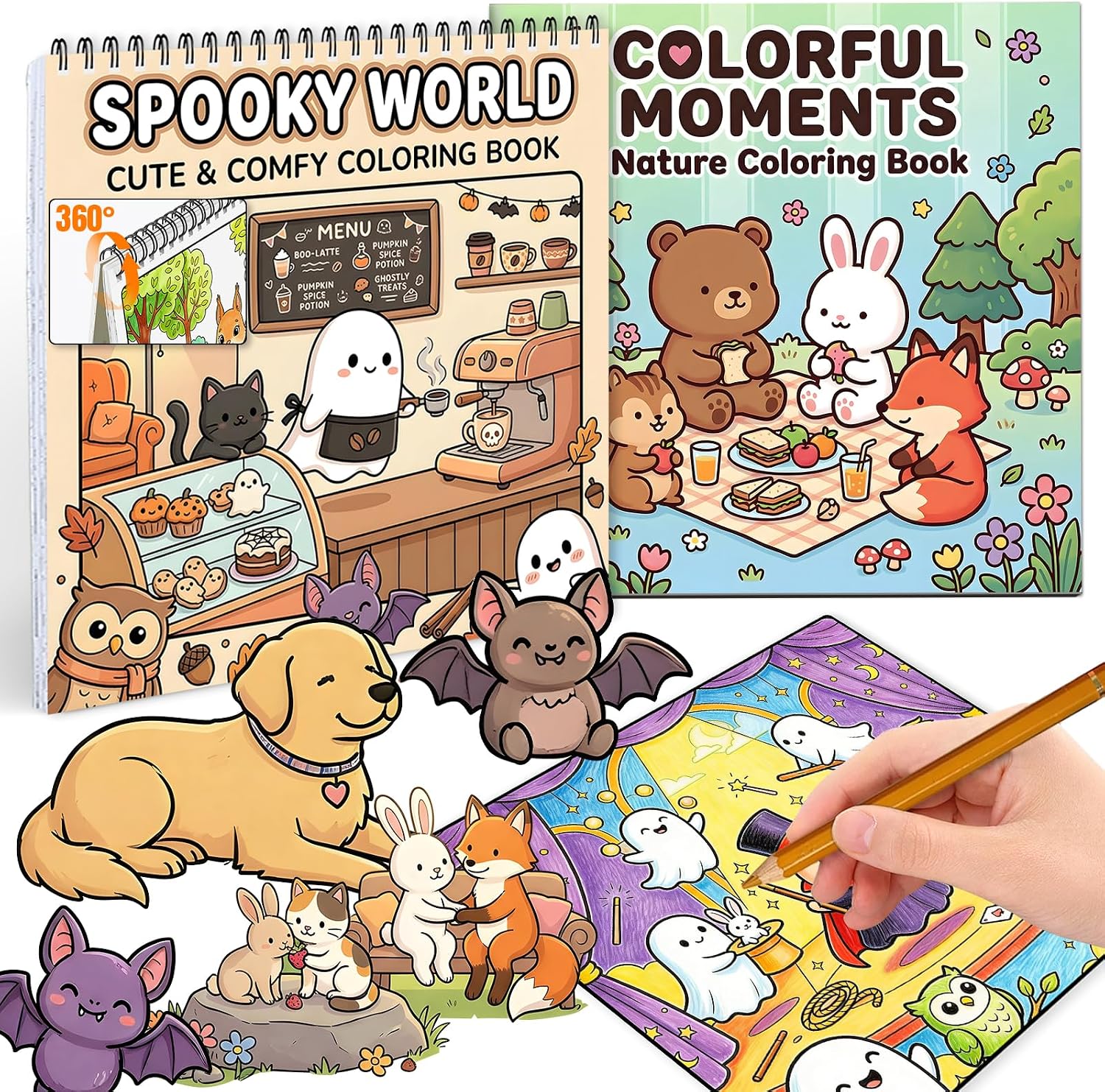 2Pcs Cute Coloring Book for Women Relaxation, Cozy Easy Coloring Book for Women, Adult Coloring Book for Stress Relief & Relaxation - Moment (Saddle Stitch) & World (Spiral Bound Top Binding)