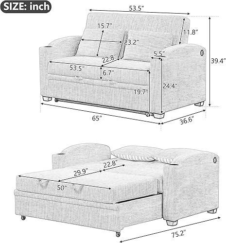 Miniatura 2 de ERYE Modern Convertible Futon Sofa Bed, Adjustable Functional Loveseat Compact Foldable Love Seat,Comfy Sleeper Daybed 3 in1 Recliner Sofa & Couch