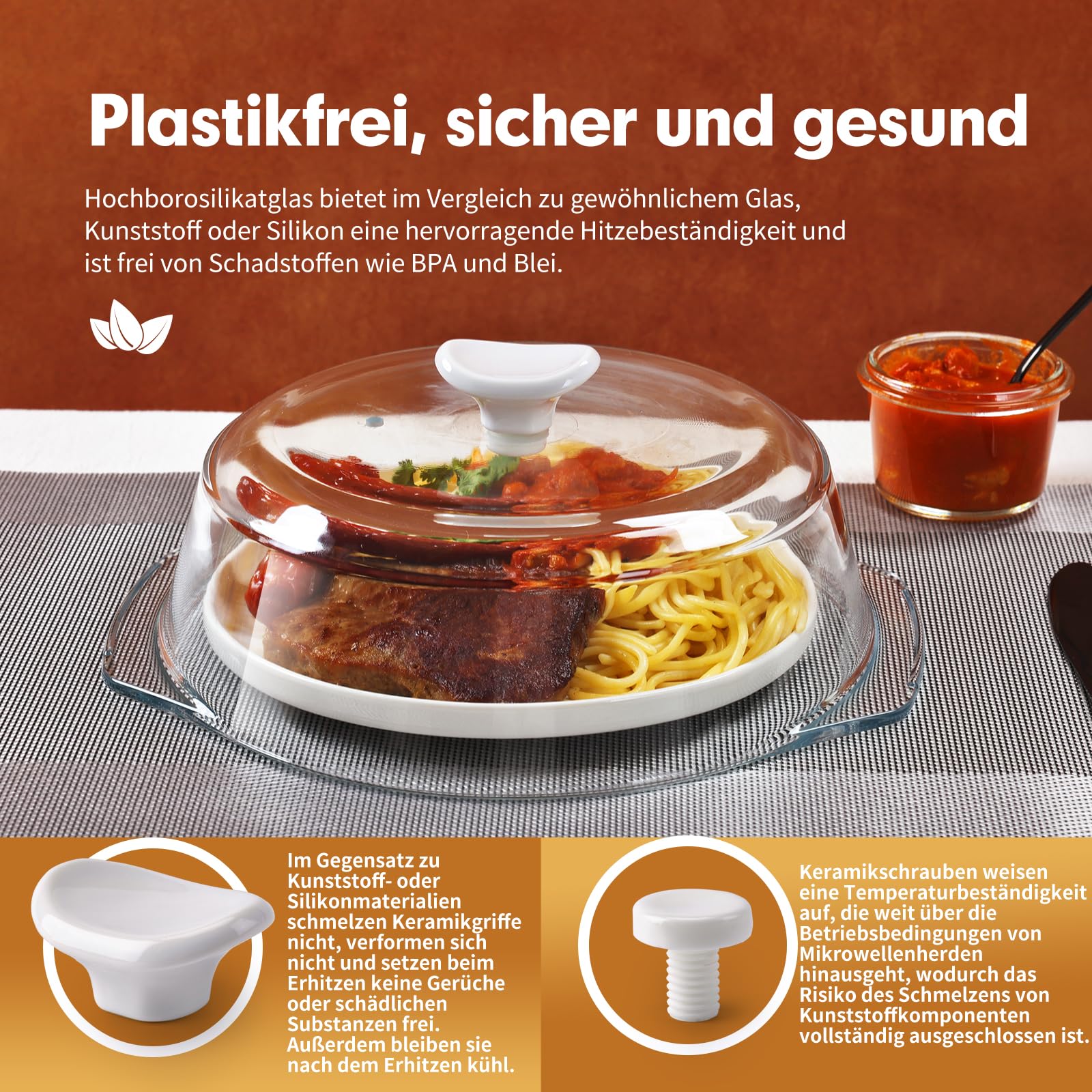 ACEPRUT Glas Mikrowellen Abdeckung mit Keramikgriff und Keramikschrauben, Kunststofffrei, BPA-frei, Lebensmittelechte Microwellenabdeckungen, Spülmaschinenfest