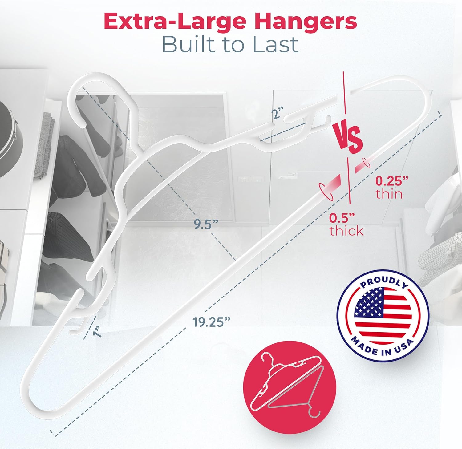 Neaties Large & Wide Heavy Duty Clothes Hangers 18 Pack – Made in USA – Ideal for Plus Size Clothing – 10lb Plastic Hangers with Notches for Oversized Adult Coats & Pants – White
