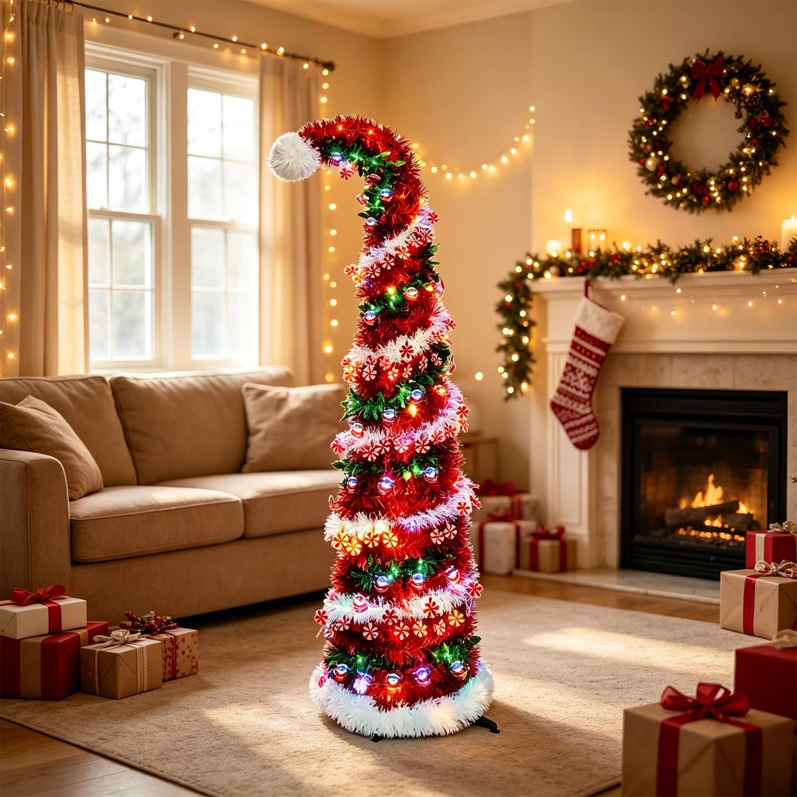 Faltbarer Künstlicher Weihnachtsbaum 150cm mit Beleuchtung, Pop Up Schmal Weihnachtsbaum mit 50 LED und Sternspitze, PVC Lametta Bleistift Tannenbaum Weihnachtsdekoration (Rot 2)