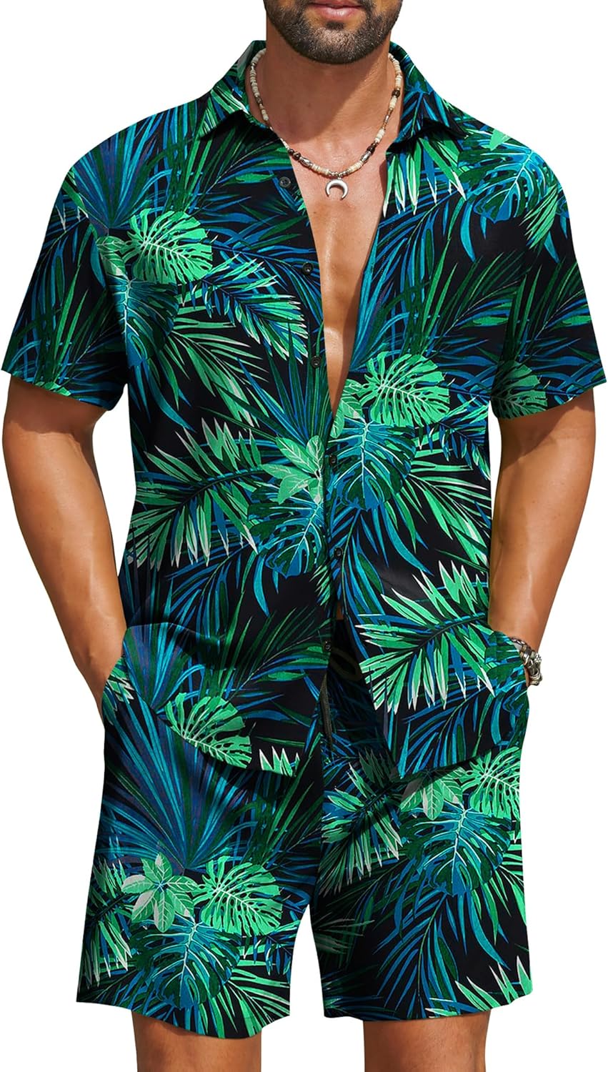 COOFANDY Men's Hawaiian Matching Set Summer Beach 2 Piece Outfits Flower Button Down Shirts and Shorts Vacation Outfits