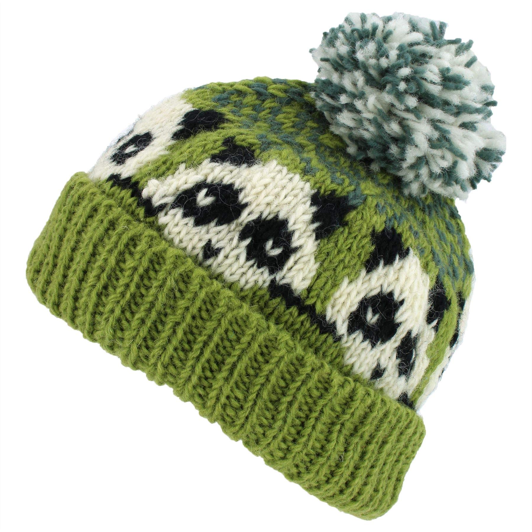 Loud Hats Wool Knit Bobble Beanie Hat - Panda - Green Grey