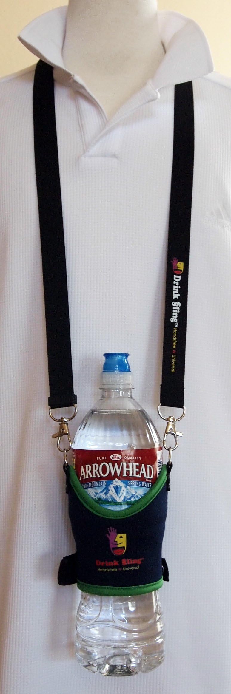 Drink Sling Original, Blue/Green - Water Bottle Holder w/Adjustable Crossbody Shoulder Strap for Water Bottles, Travel Mugs, Cans, Beverage Glasses, Wine Glasses and Beer Bottles