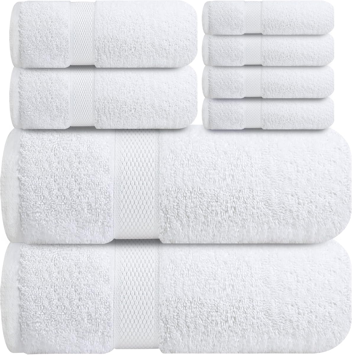 Infinitee Xclusives Luxury 100% Cotton Towel Set – 8 Piece Bathroom Towel Set (2 Bath Towels, 2 Hand Towels, 4 Washcloths) – Soft & Absorbent Towels for Bathroom (Brilliant White)