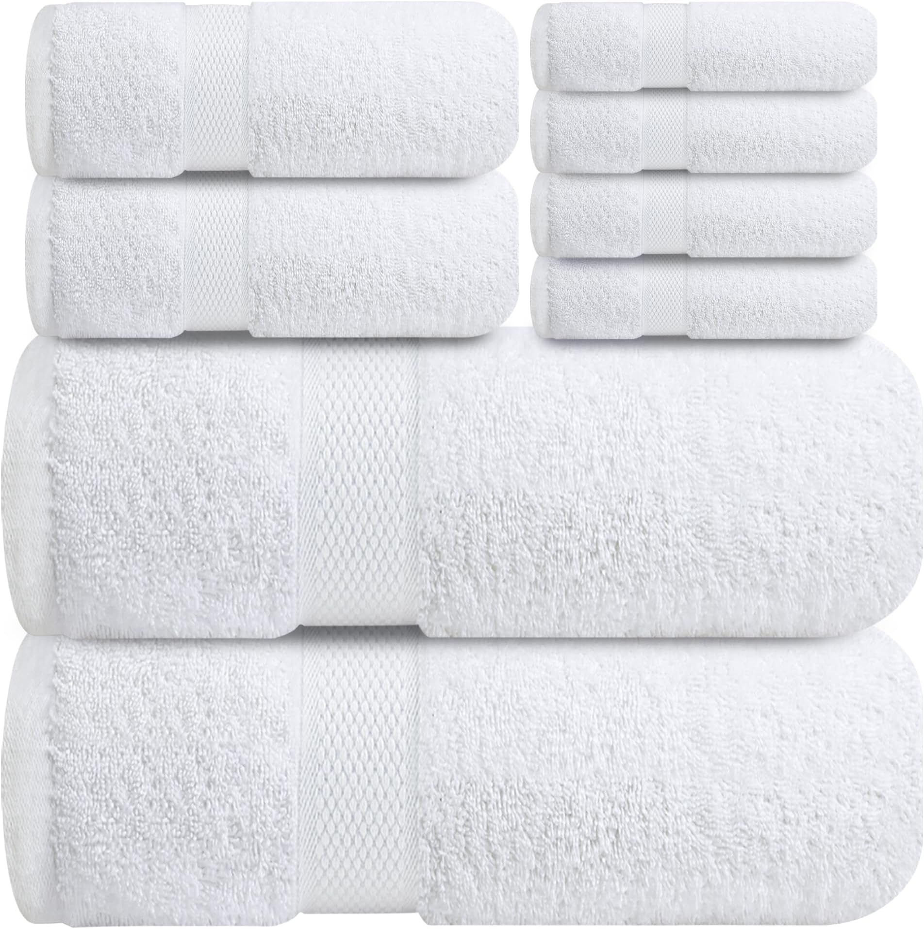 Infinitee Xclusives Premium Bath Towels Set - [Pack of 8] 100% Cotton Highly Absorbent 2 Bath Towels, 2 Hand Towels and 4 Washcloths - Hotel & Spa Quality Bath Towels for Bathroom (Brilliant White)