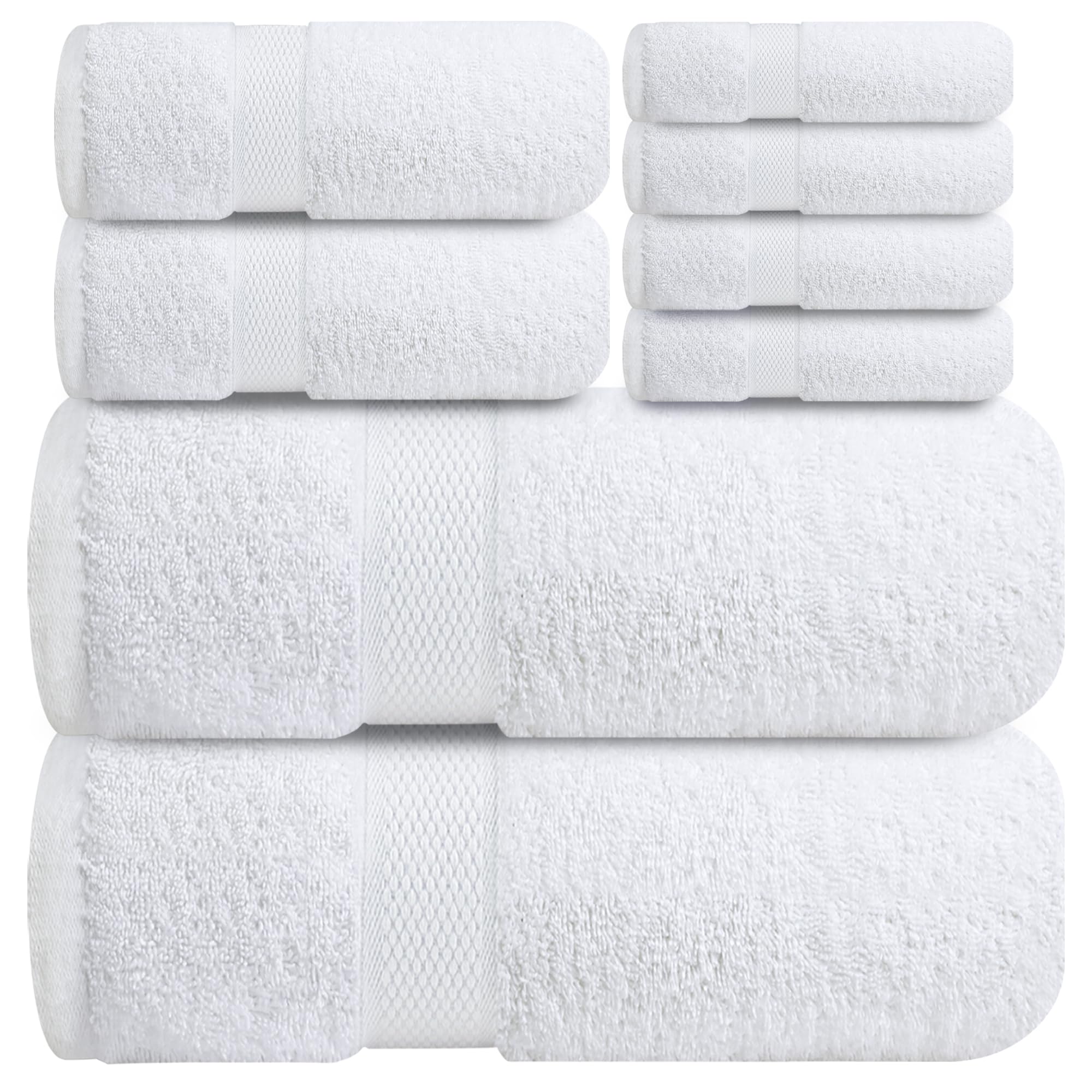 Infinitee Xclusives Premium Bath Towel Set 8-Piece (2 Bath Towels, 2 Hand Towels, 4 Washcloths), Super Absorbent Soft 100% Ring-Spun Cotton for Spa, Gym, Hotel & Bathroom |Brilliant White|OEKO-TEX STANDARD 100OEKO-TEX MADE IN GREENOEKO-TEX MADE IN GREENOEKO-TEX MADE IN GREEN