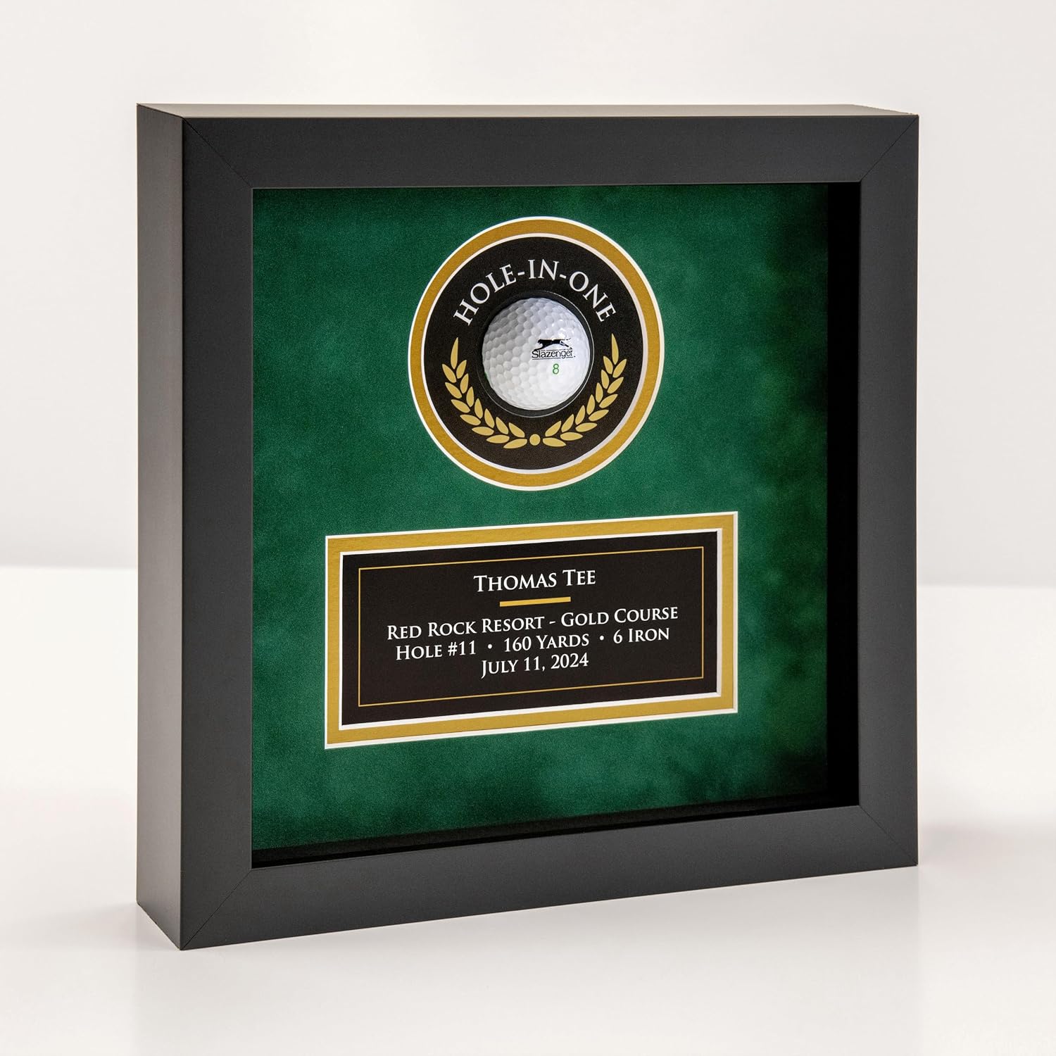 MASTERPIECE FRAMING + IMAGING Hole-in-One Golf Display Case Frame for Ball & Printed Graphic Info Insert (Sport, Green Suede)