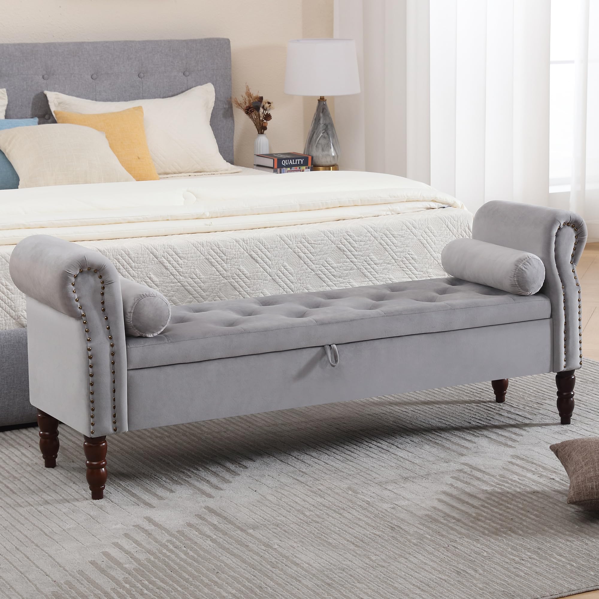 (similar photo) 67" End of Bed Bench King Size, Storage Bench for Bedroom Foot of Bed, Velvet Bed Bench with Storage, Upholstered Tufted Bench with Arms for Bedroom, Living Room, Entryway, Grey
