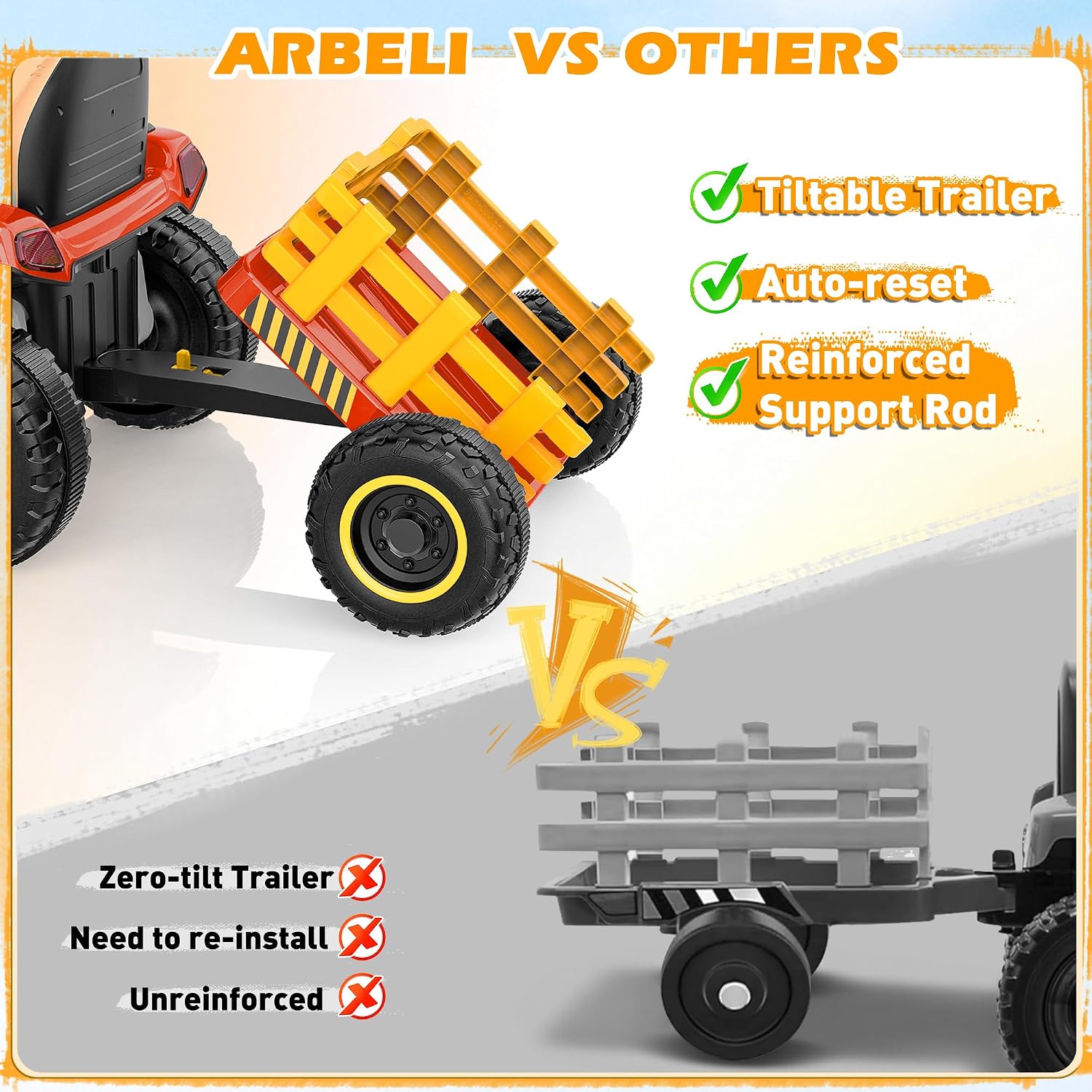 ARBELI 12V 7AH Ride on Tractor w/Tiltable Trailer & Remote Control, 2x45W Motors, Bluetooth, Music, Shifter, Electric Car for Kids Ages 2-5 (Red)
