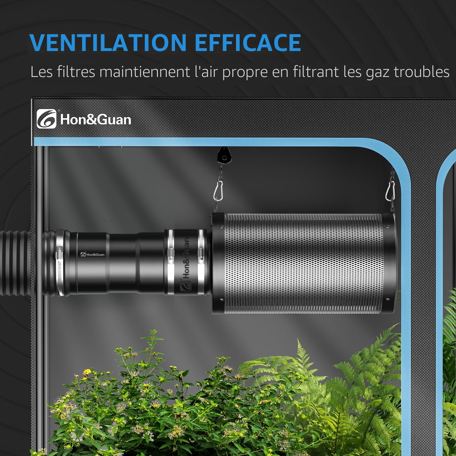 Hon&Guan Ensemble de ventilation de 100 mm 221 m³/h avec ventilateur tubulaire intégré, variateur de vitesse, filtre à charbon actif, tuyau d'extraction en caoutchouc, manchon en caoutchouc, système