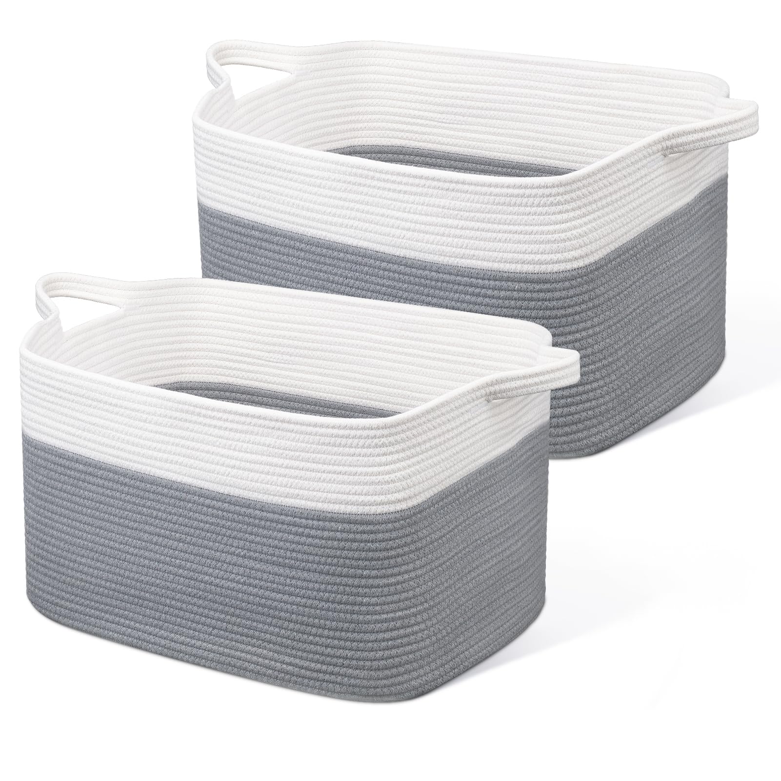 JOJOSEE Large Storage Basket, Blanket Basket for Clothes Bedding, Woven Storage Baskets, Toy Storage for Kids, Rope Basket for Living Room, Nursery, Bedroom 55x38x30 cm (White&Grey, 2 Pack)