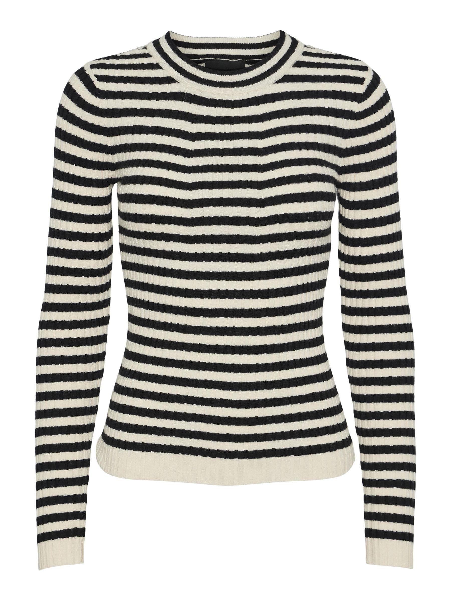 PIECES Women's PCCRISTA LS O-Neck Knit NOOS BC Pullover Sweater, Black/Stripes:with Birch Stripes M, XS