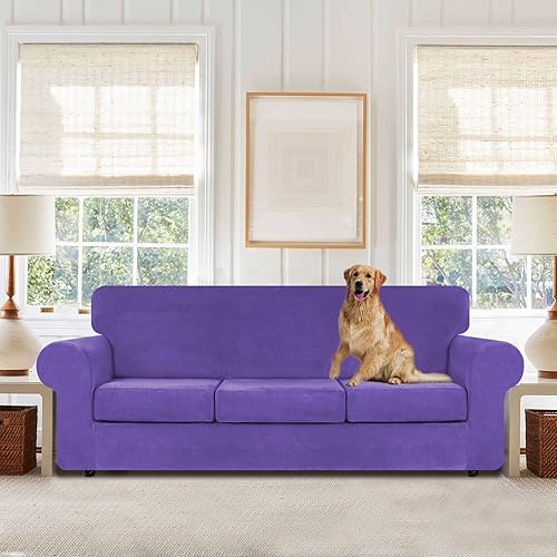 Miniatura 2 de WEERRW 4 fundas de terciopelo de alta elasticidad para sofá de 3 cojines, protector de muebles lavable con parte inferior elástica antideslizante,