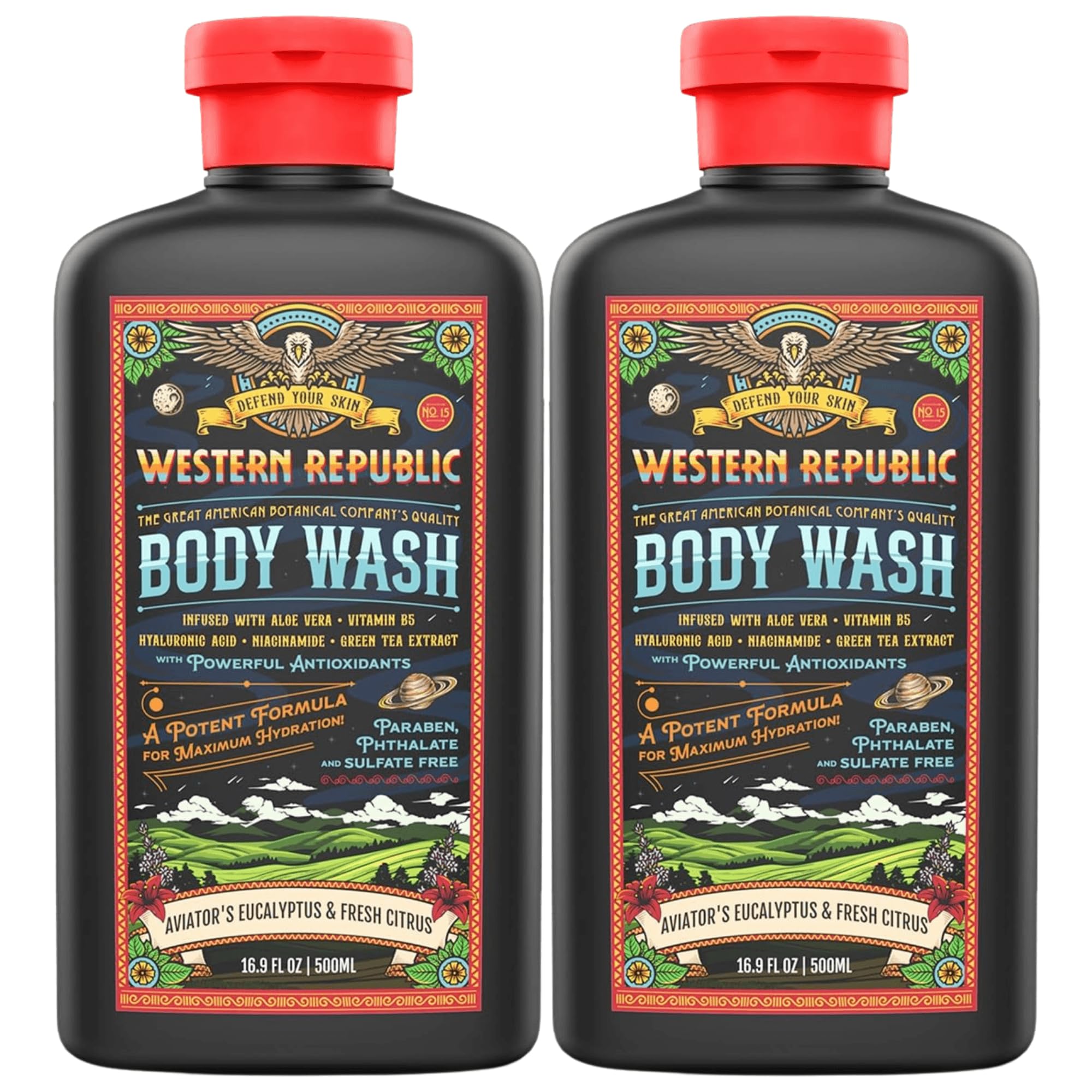 Western Republic Aviator'S - Gel doccia da uomo, aroma di eucalipto e agrumi freschi, formula idratante e anti-età con aloe, niacinamide e acido ialuronico (confezione da 2)