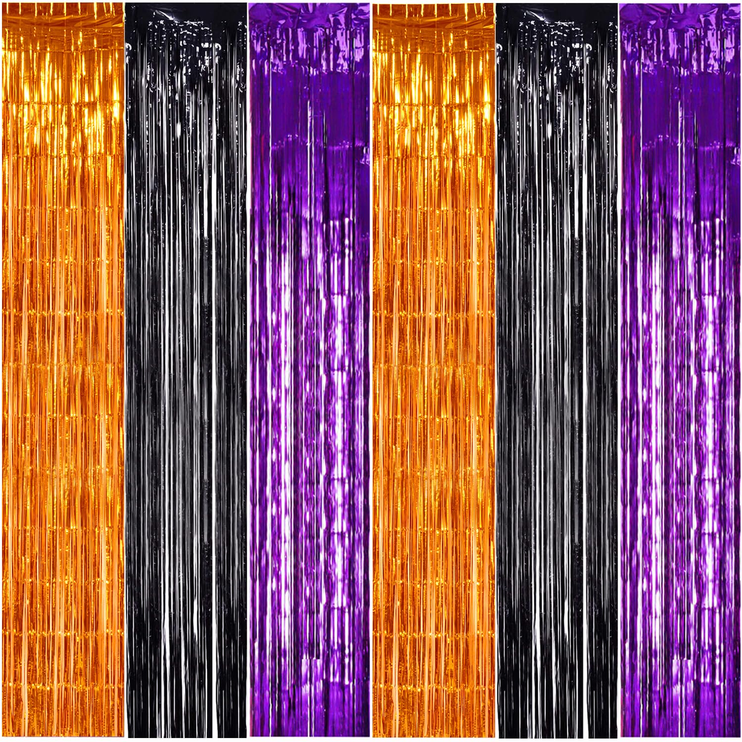 TONIFUL 2Pcs Orange Purple Black Metallic Tinsel Foil Fringe Curtains,3.28ft x 6.56ft Halloween Photo Booth Backdrop Streamer,Photo Props,for Party Door Wall Curtains Wedding Birthday(6.6ft x 6.6ft)