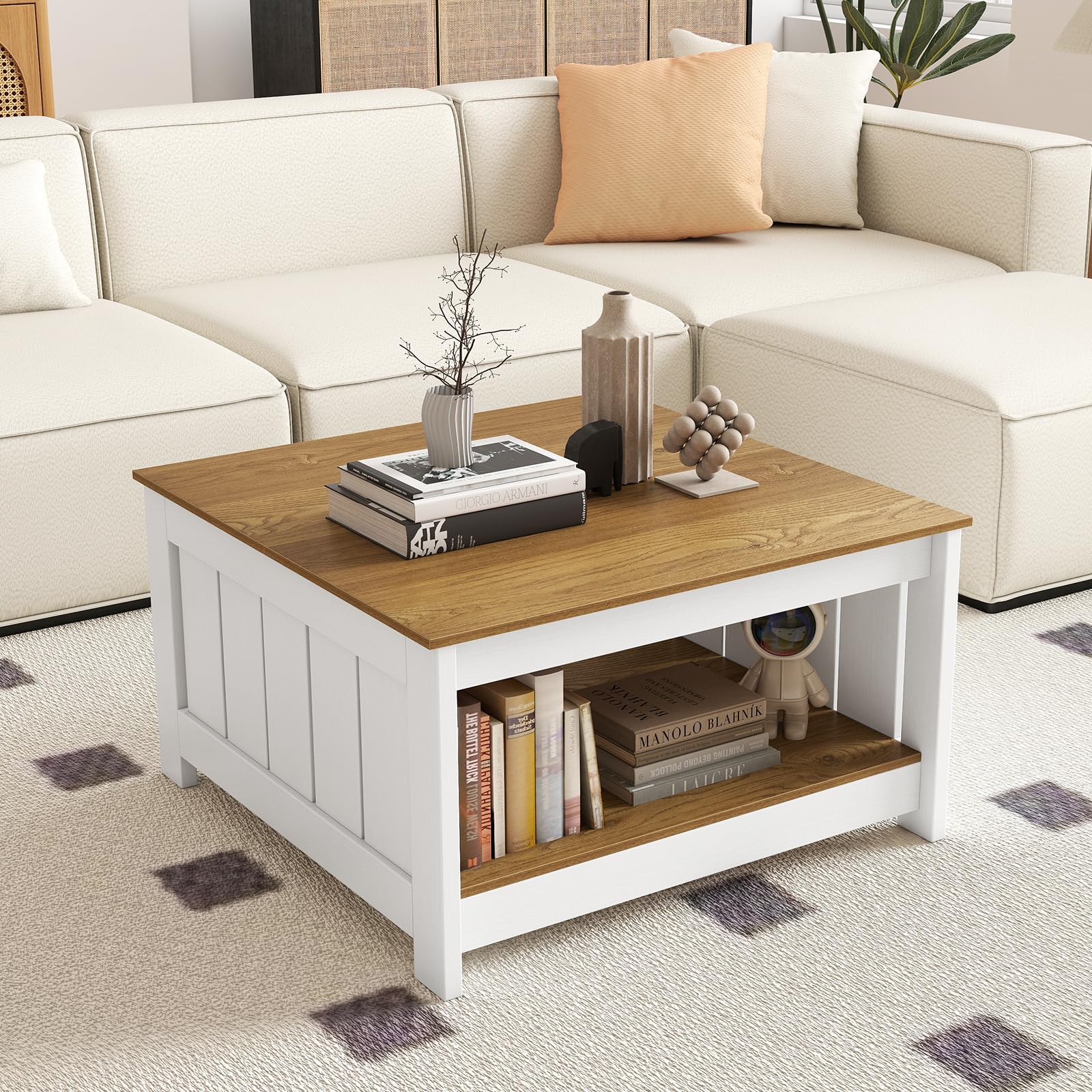 COSTWAY Mesa de Centro, Mesa de Cóctel Cuadrada con Estante de Almacenamiento, Mesita Rústica de Granja, Mueble de Salon, 80 x 80 x 45 cm