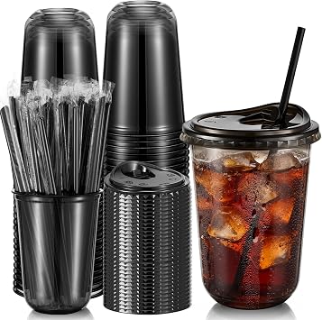 Ziliny 50 Pack 16oz Black Clear Plastic Cups with Lids and Straws, PET Disposable Drinking Cups, Disposable Iced Coffee Cup for Smoothies, Cold Drinks, Parties, Wedding, Meeting, Drink Shops