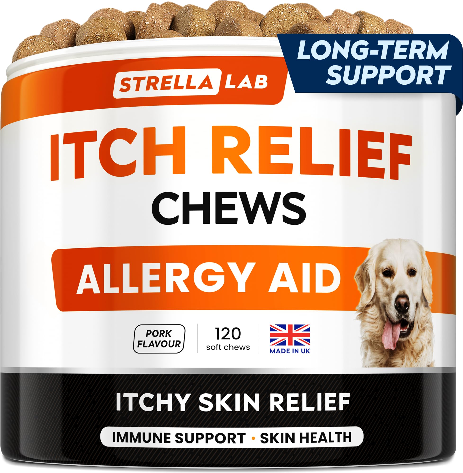 STRELLALAB Itch Support Chews for Dogs with Omega 3 Fish Oil, Itchy Skin Support Immune Supplement, Skin & Coat Health