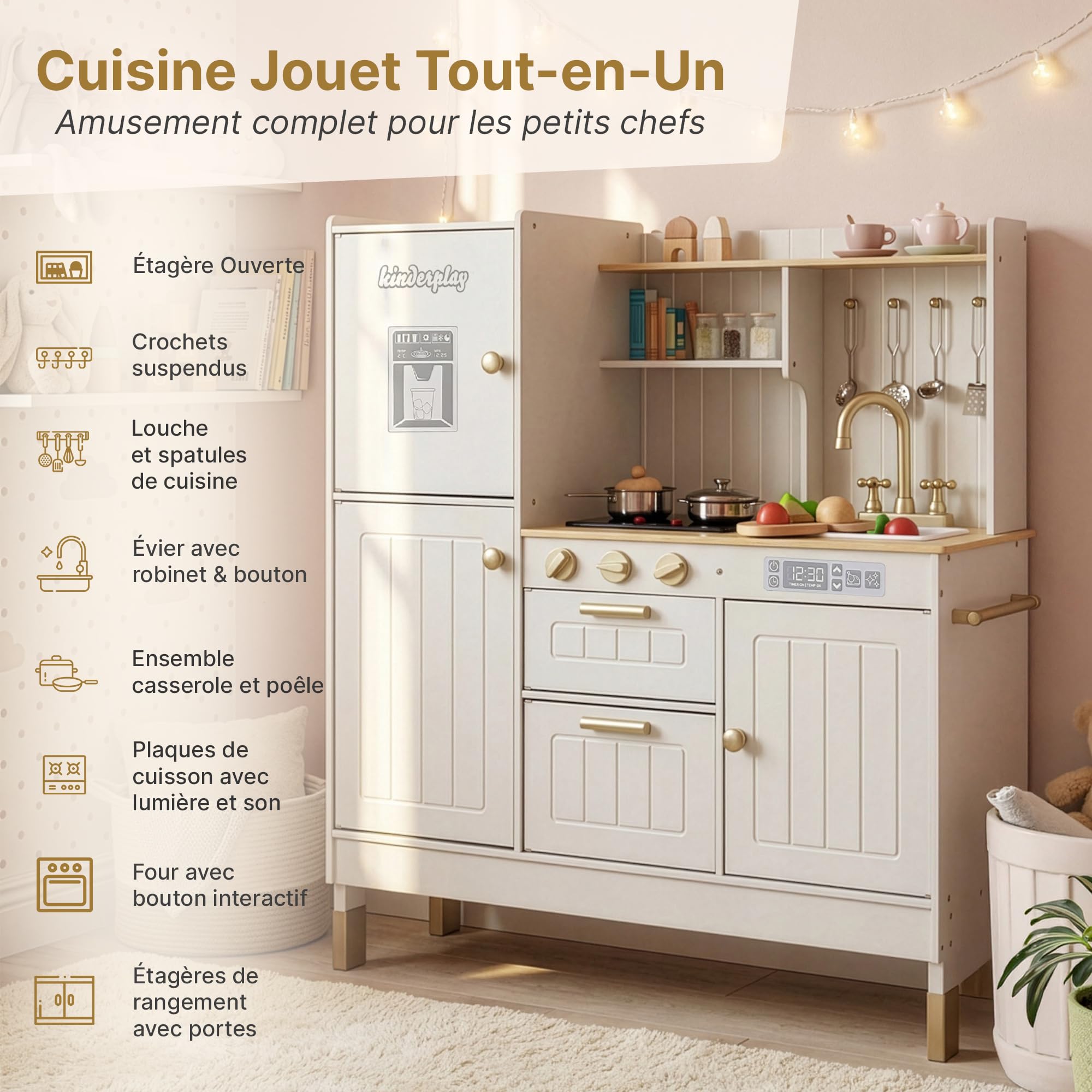Grande Cuisine pour Enfant en Bois avec lumière et Son –avec Accessoires, évier, cuisinière et Four – pour Enfants pour des Jeux de rôle réalistes
