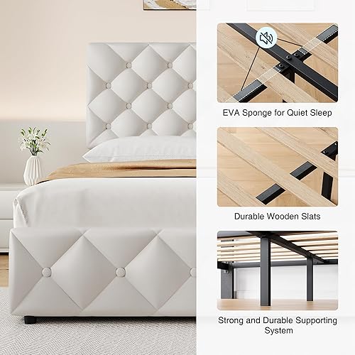 Miniatura 5 de GarveeHome Base de cama tamaño Queen con 4 cajones de almacenamiento y cabecera ajustable, plataforma tapizada de piel sintética, botones cosidos de