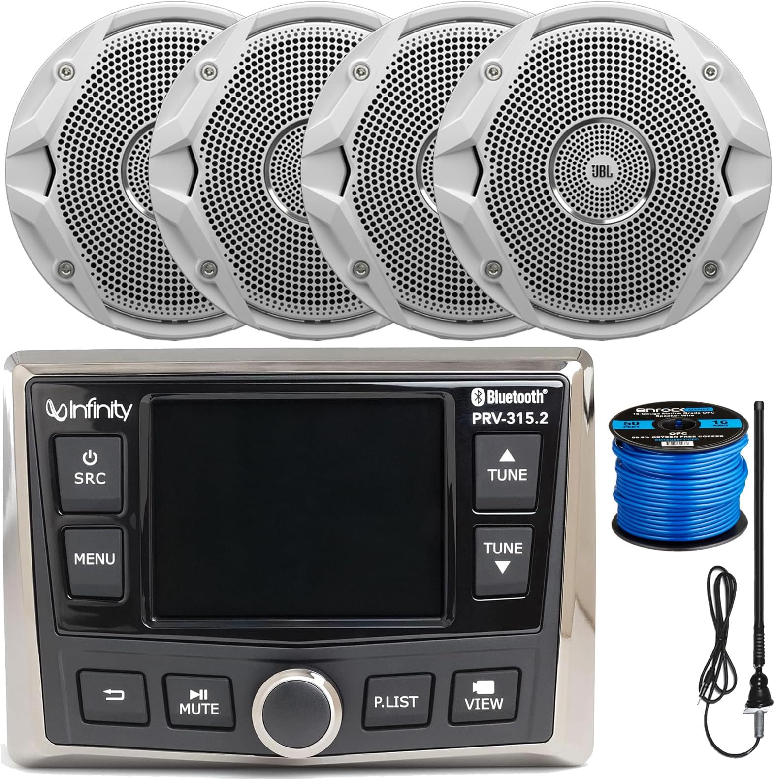 Infinity PRV-315.2 Marine Gauge Hole Mount USB Bluetooth AM/FM/WB Radio Receiver Bundle Combo 4X 6.5 Inch 150-Watt Dual-Cone Boat Speakers + Radio Antenna + 50 Foot 16-Gauge Speaker Wire