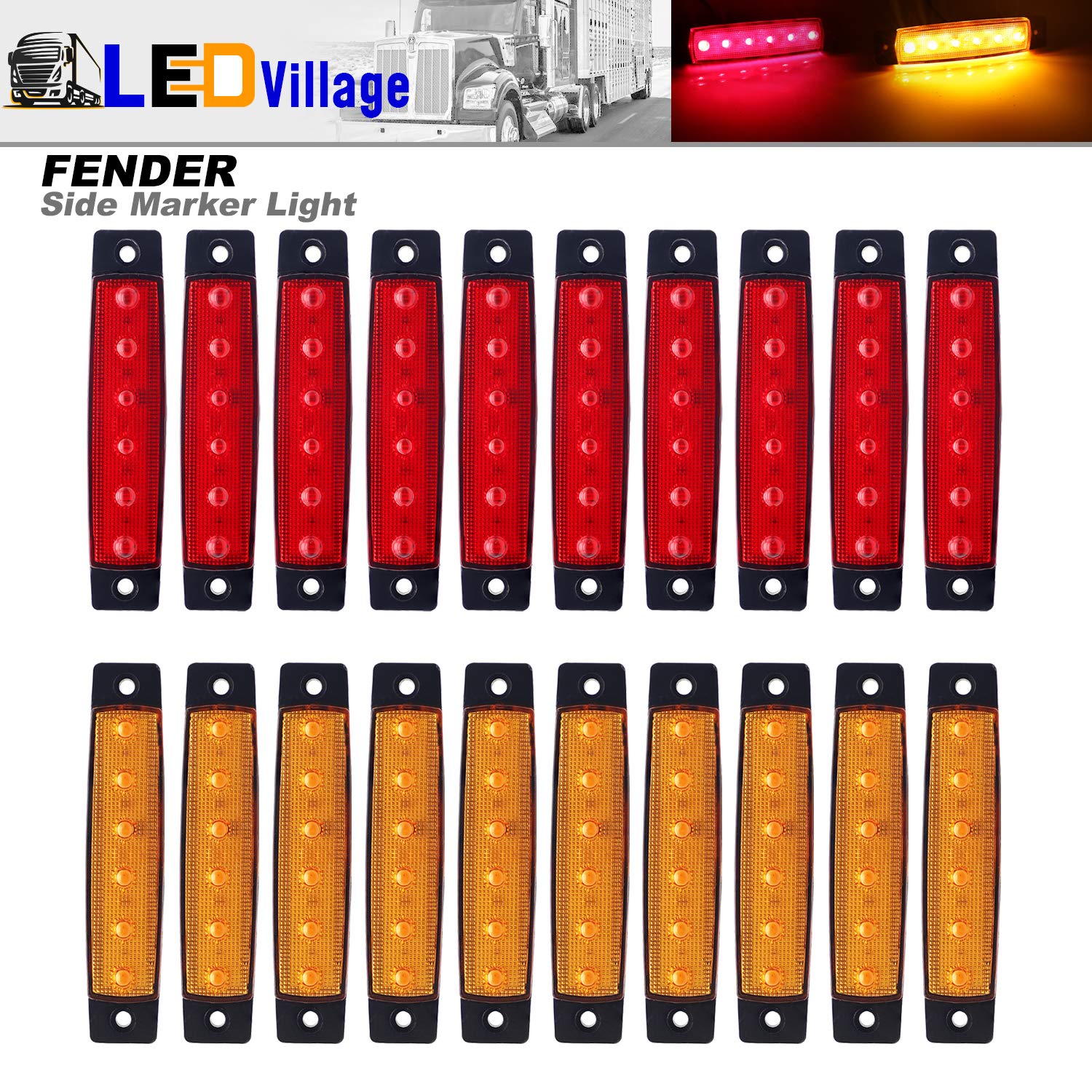 Sponsored Ad - TMH 20 Pcs 3.8" Amber + Red Light 6LED Side Marker Lights, Trailer Marker Lights, Rear Side Marker Lamp for Truck Trailer RV Boat Bus Lorry LED 12V DC