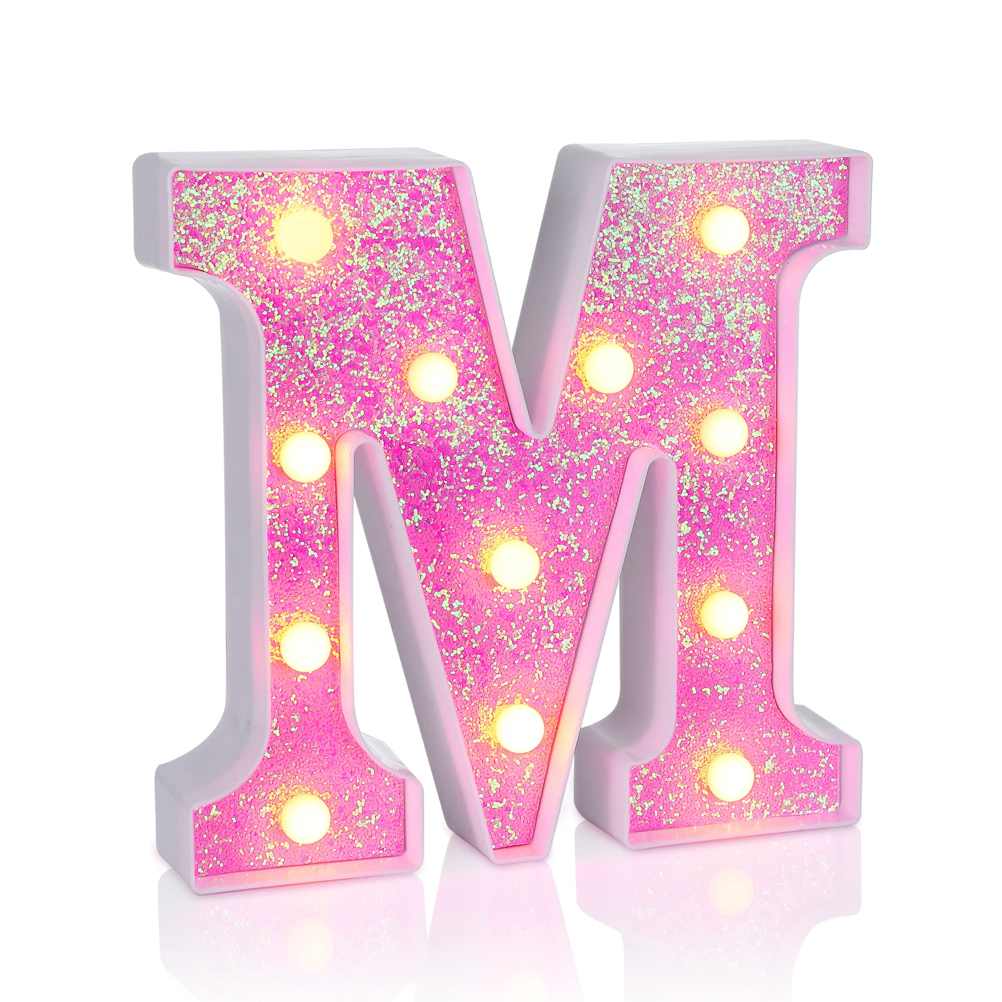 Foaky LED Letter Lights Sign Light Up Pink Letters Glitter Alphabet Letter Sign for Night Light Wedding/Birthday Party Battery Powered Christmas Lamp Girls Gifts Home Bar Decoration（M） - M
