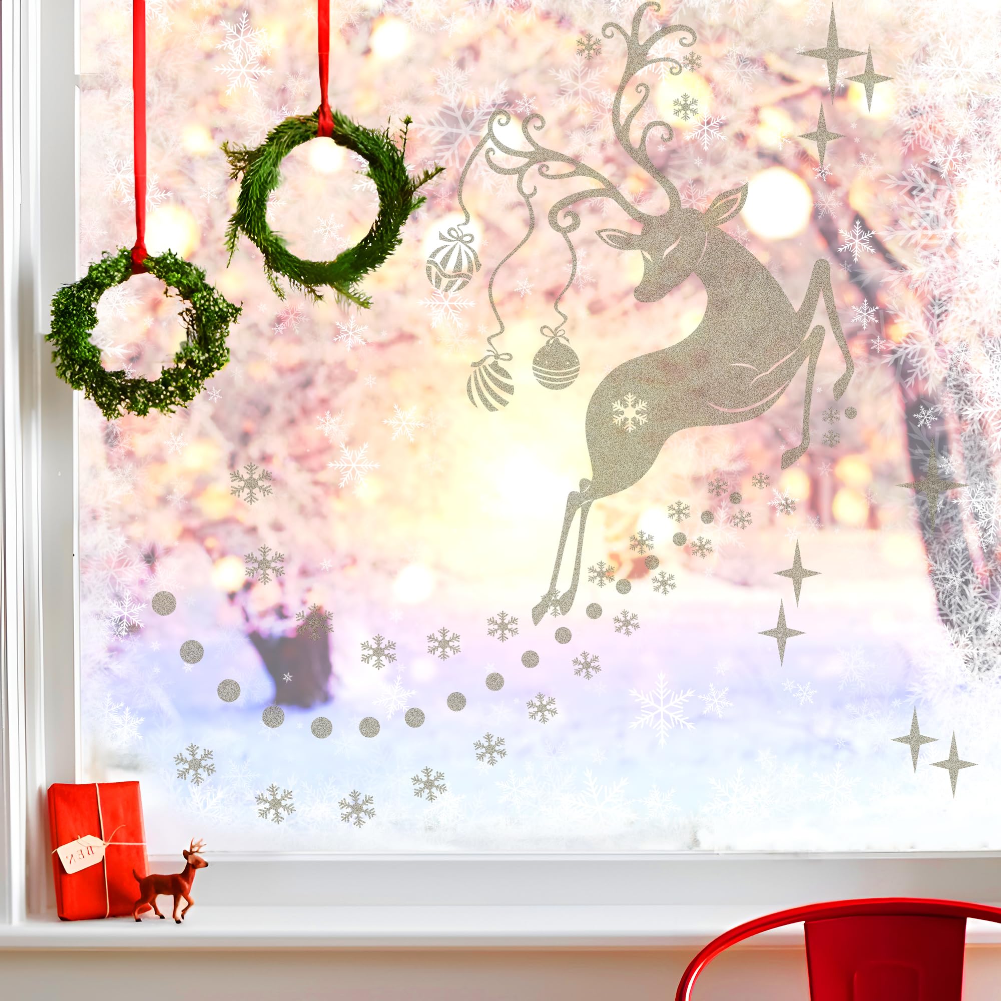 Durable Vinyl Christmas Window Stickers, Double Sided Santa Reindeer Snowflake Decoration, Removable Rudolf Xmas Decals Home Office Shop Window Wall Party Décor, for 1-1.2M Window, Frosted Effect