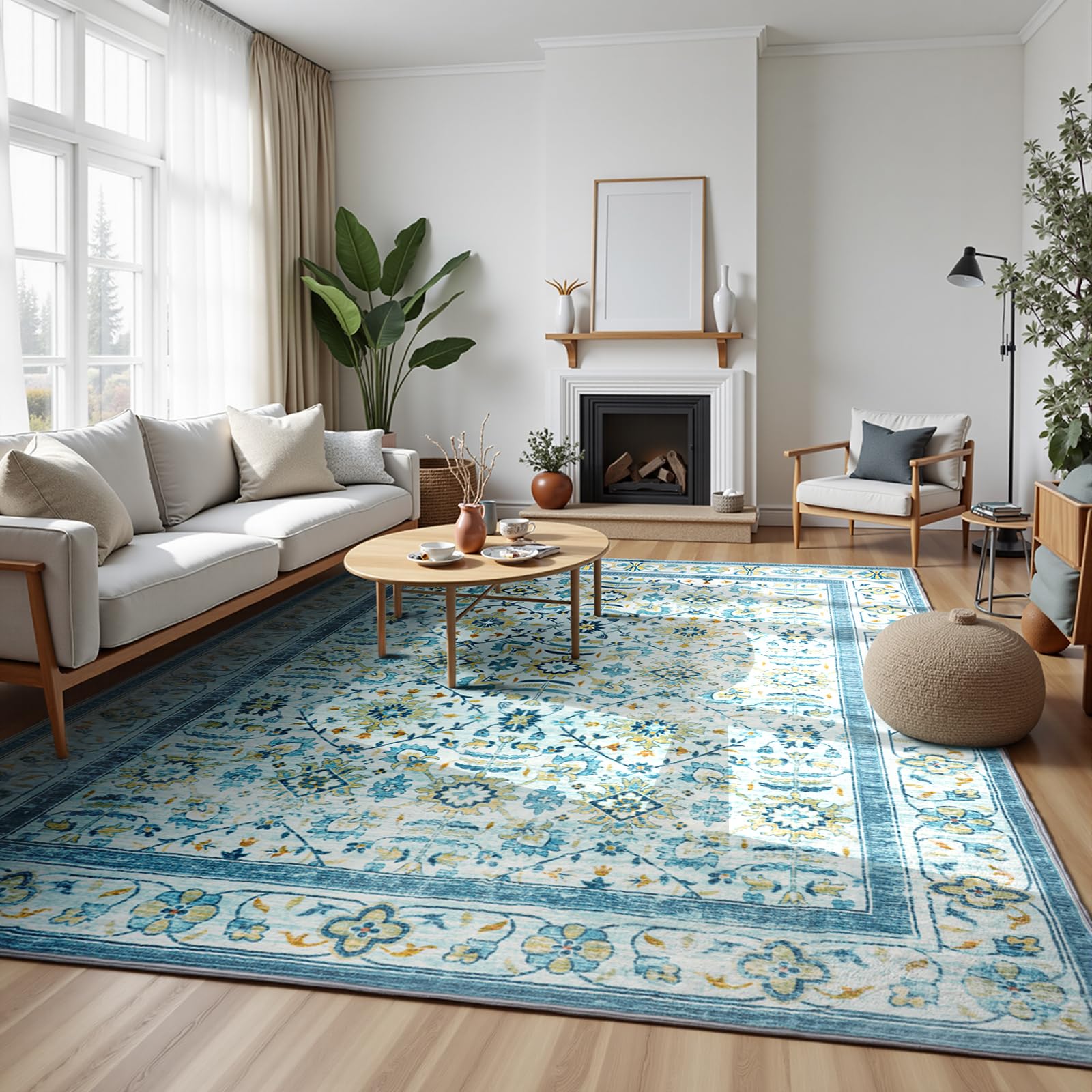 Zentavio 8x10 Washable Area Rugs, Vintage Non-Slip Floral Living Room Rug, Indoor Foldable Floor Thin Low Pile Carpet for Farmhouse Bedroom Dining