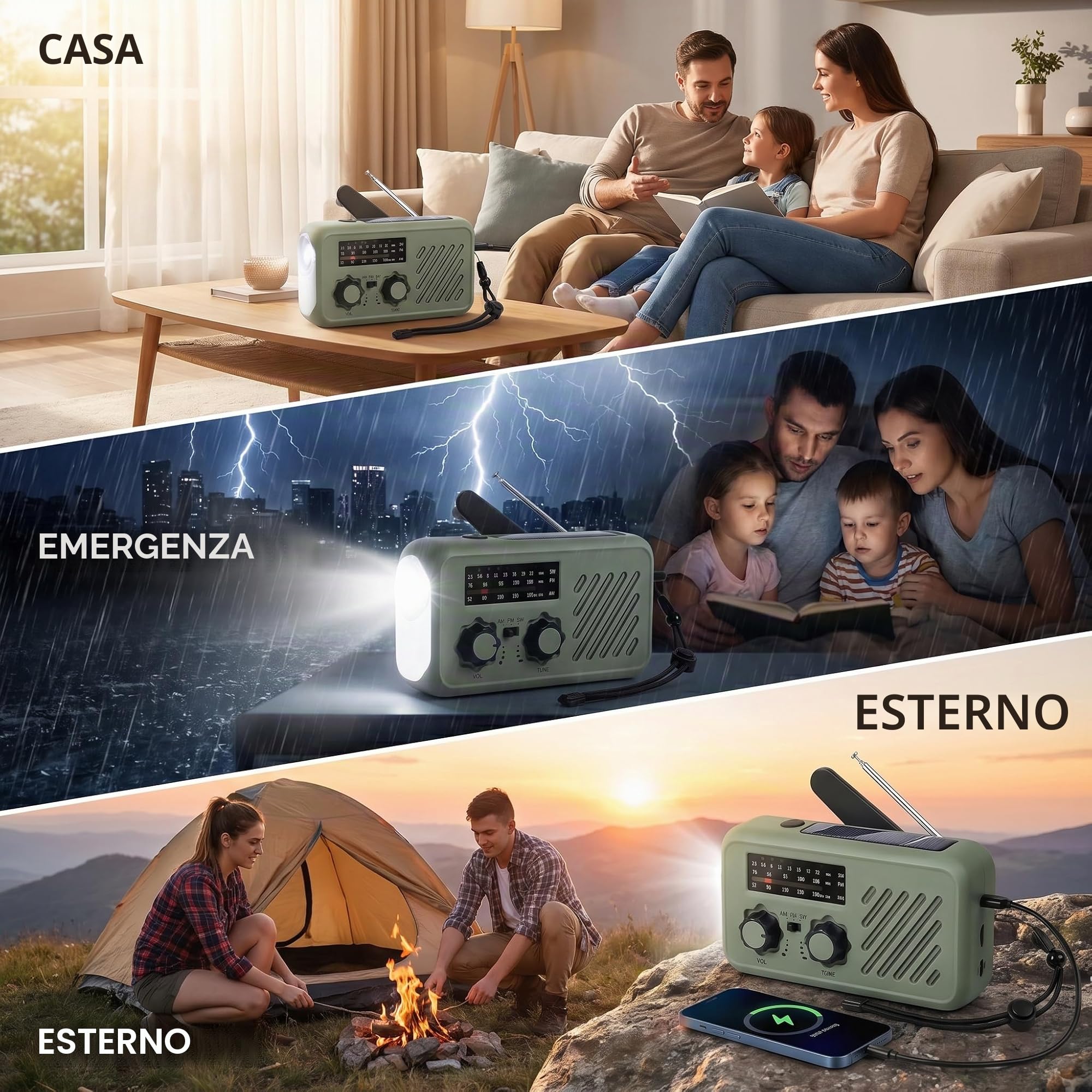 Radio Emergenza a Manovella con Solare & Power Bank 2000mAh, Radio AM/FM con Allarme SOS e Luce Lettura, Radio Dinamo per Blackout Campeggio Auto