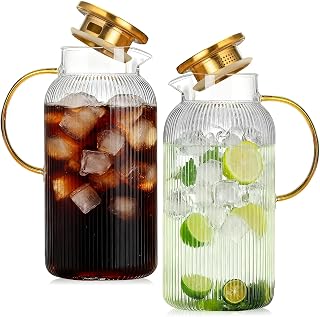 2 Pack Glass Pitcher with Lid, 68 oz/2 Liter Vertical Stripe Round Pitcher with Handle, Heat Resistant, Suitable for Refrigerator Storage, Iced Tea, Coffee, Lemonade, Juice, and Beverage Container