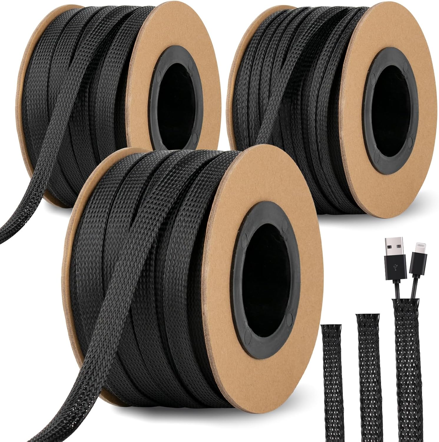 300 Feet 1/4, 1/2, 3/8 Inches Braided Wire Loom PET Cable Loom Expandable Braided Sleeving Wire Sleeve for TV, Computer, Home Theater, Black