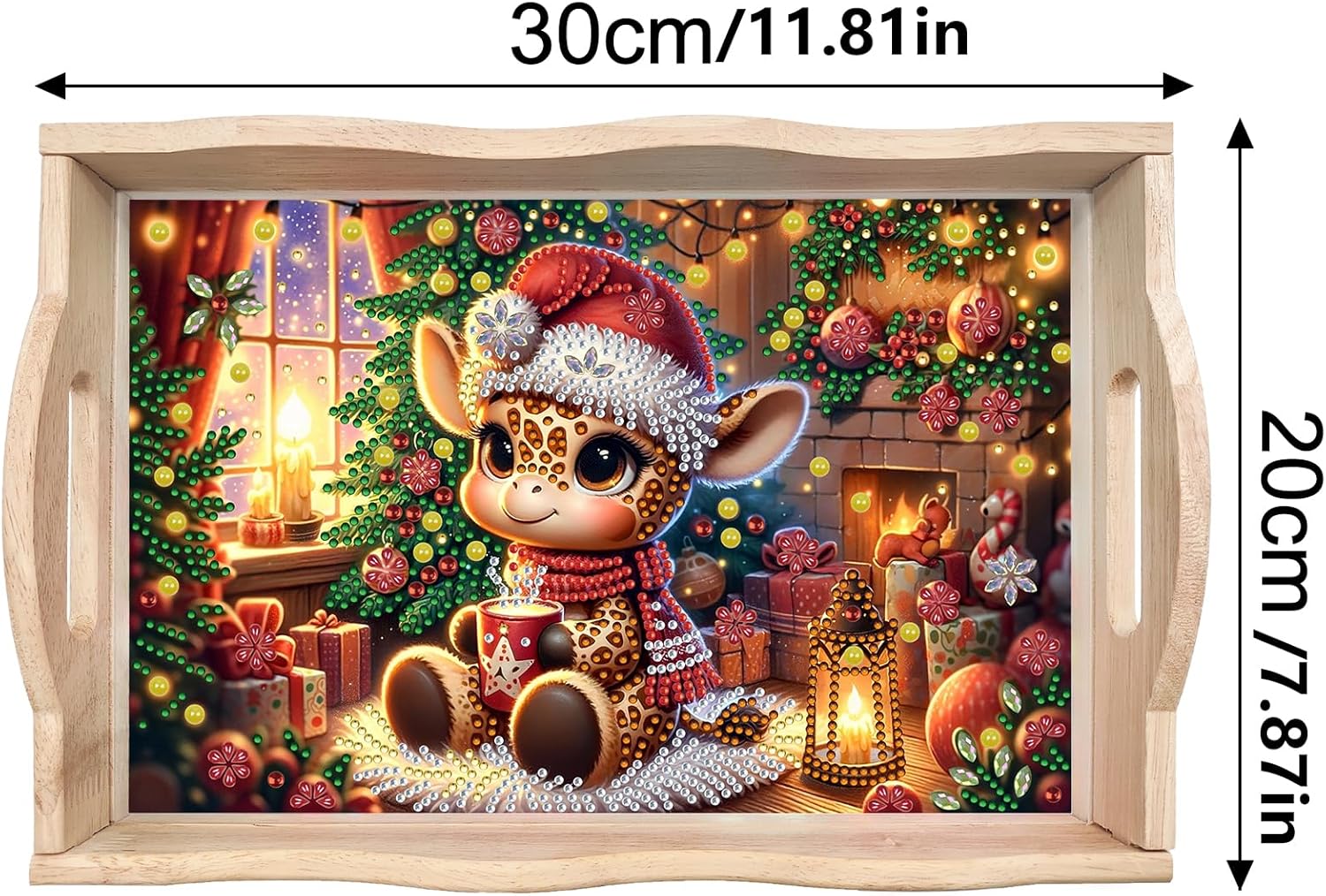 Christmas Diamond Art Painted Rectangular Dot Drilled Wooden Tray, Handmade Wooden DIY Tray Diamond Wooden Tray Dinner Plate for Restaurant Snack Tray Tea Tray Coffee-#02-Deer