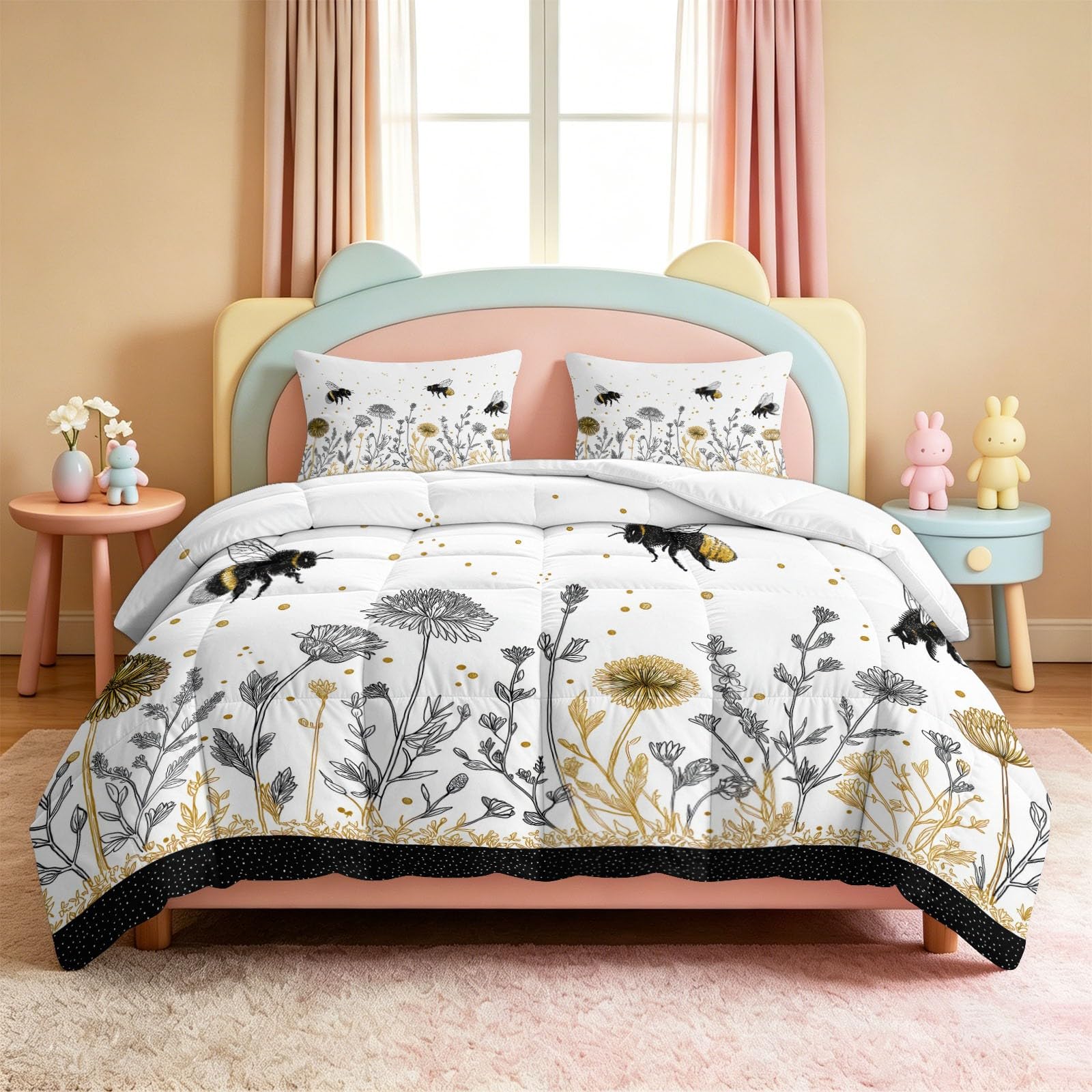 Kołdra całoroczna w stylu vintage, 200 x 200 cm, narzuta na owady, pszczoły, rośliny, kołdra pikowana, na 4 pory roku, dwustronna, miękka, ciepła kołdra do spania