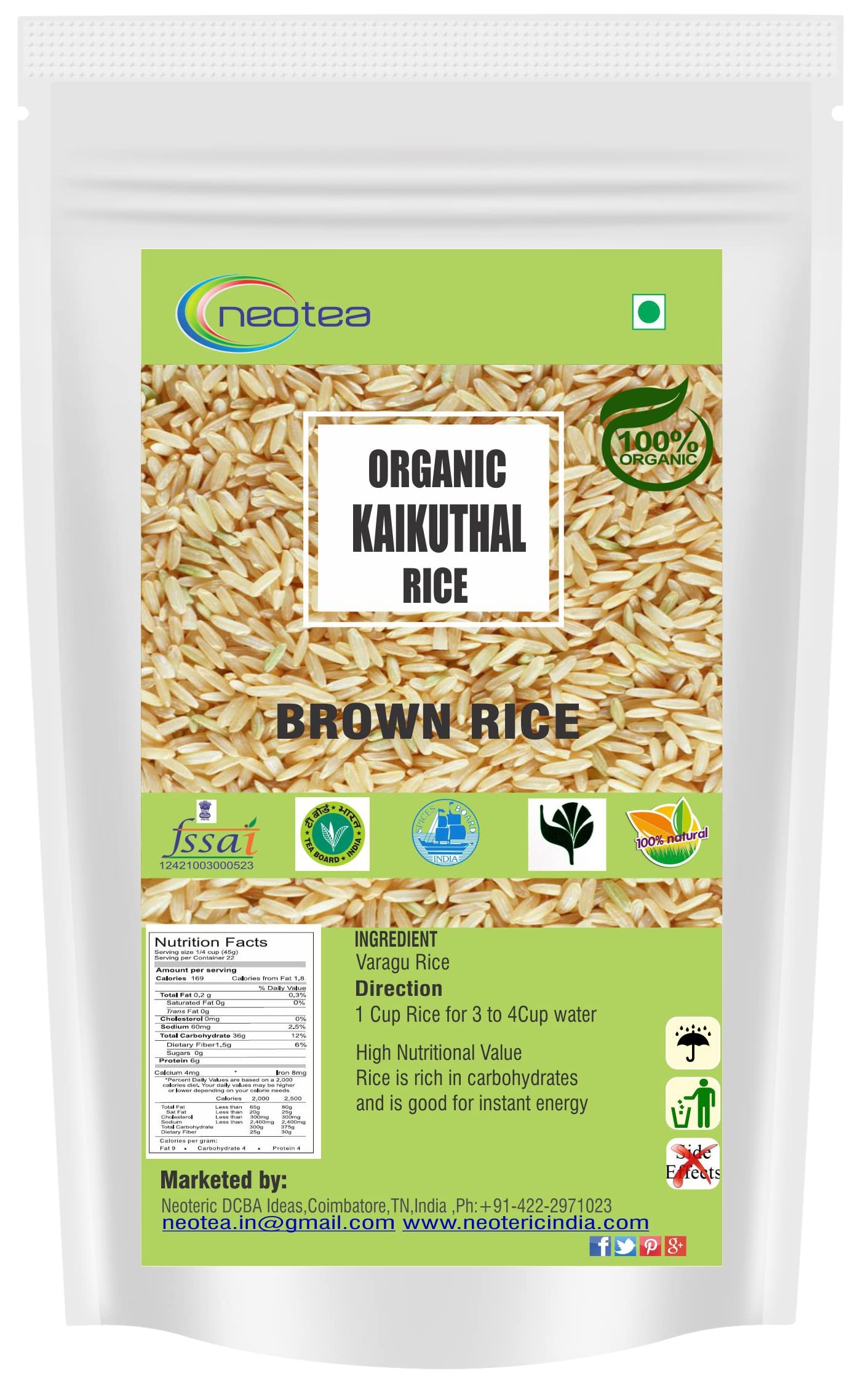 Neotea Organic Traditional Kaikuthal Rice | Hand-Pounded Brown Chawal | High in Fiber & Protein | Diabetic-Friendly, Low Glycemic Index | Gluten-Free, Medium Grain, Unpolished Parboiled | Organic & Naturally Processed 1KG